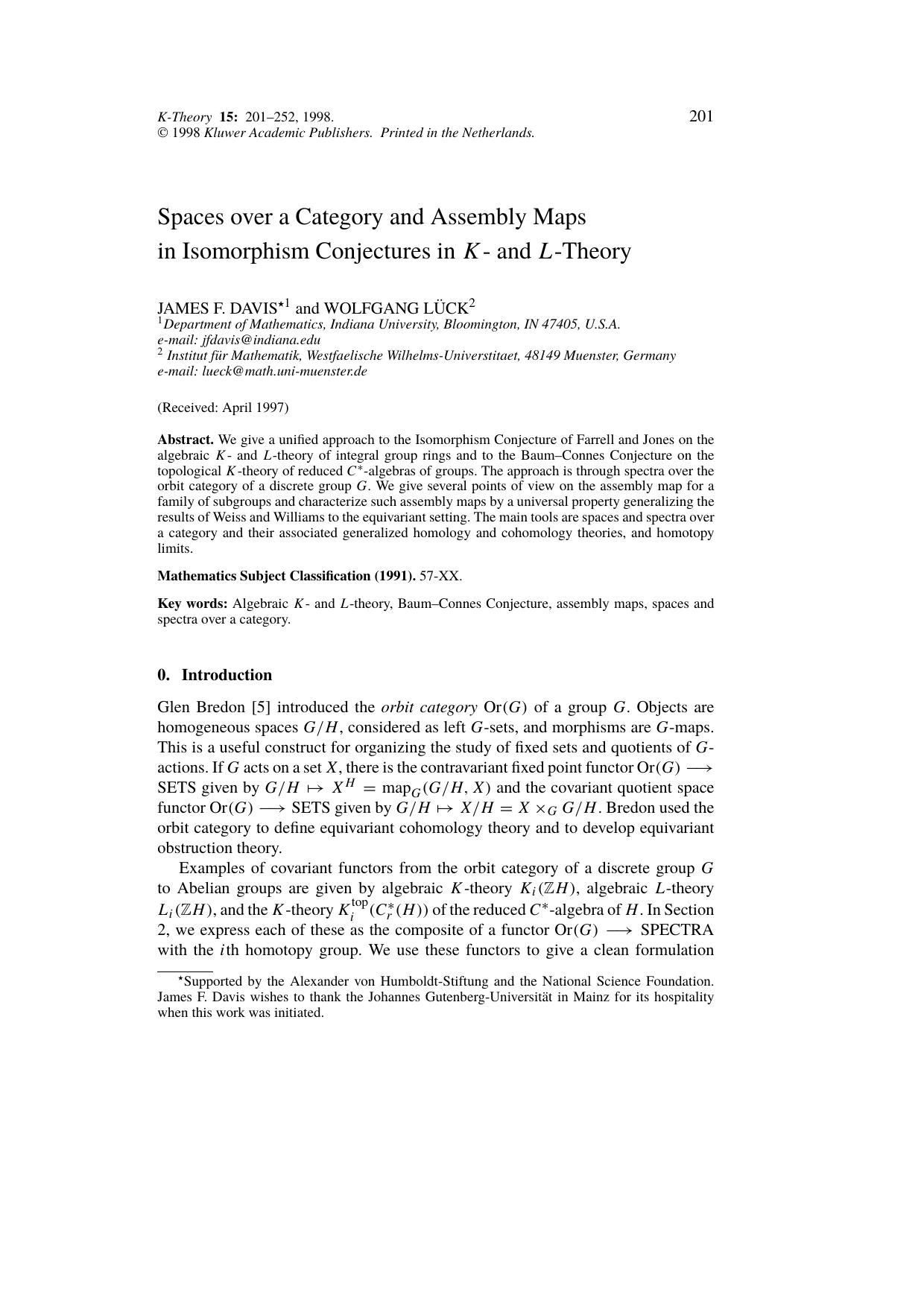 Spaces over a Category and Assembly Maps in Isomorphism Conjectures in K‐ and L‐Theory by Unknown