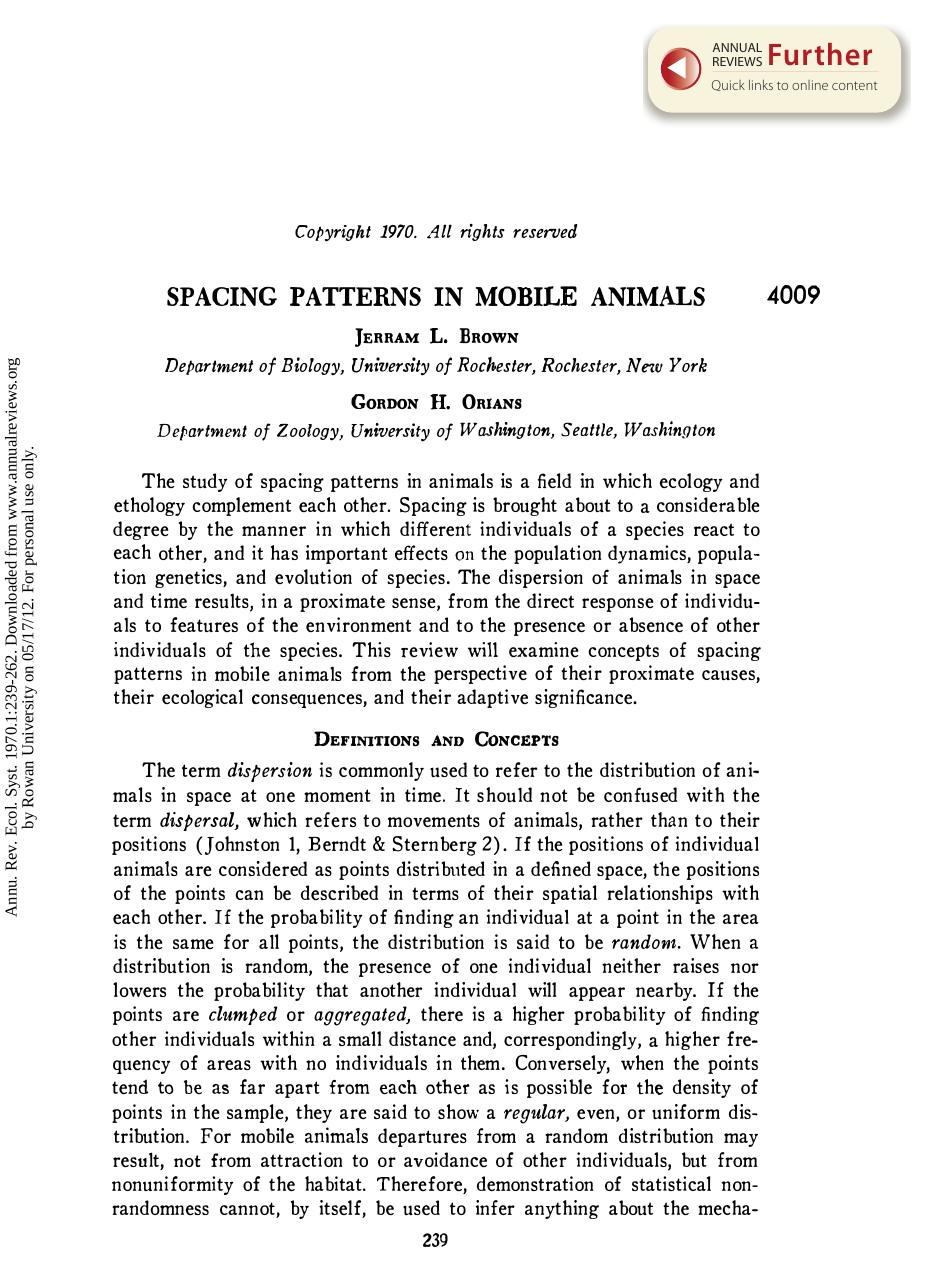 Spacing Patterns in Mobile Animals by J L Brown & and G H Orians