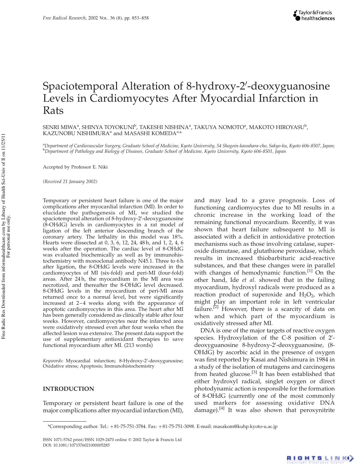 Spaciotemporal Alteration of 8-hydroxy-2â²-deoxyguanosine Levels in Cardiomyocytes After Myocardial Infarction in Rats by unknow