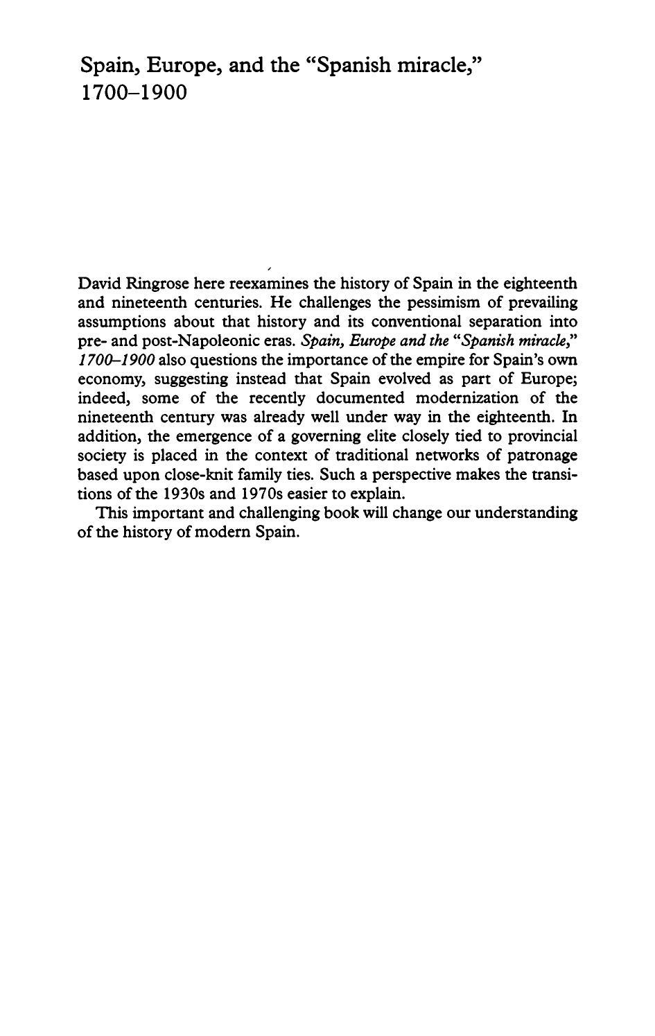 Spain, Europe, and the 'Spanish Miracle', 1700 - 1900 by David R. Ringrose