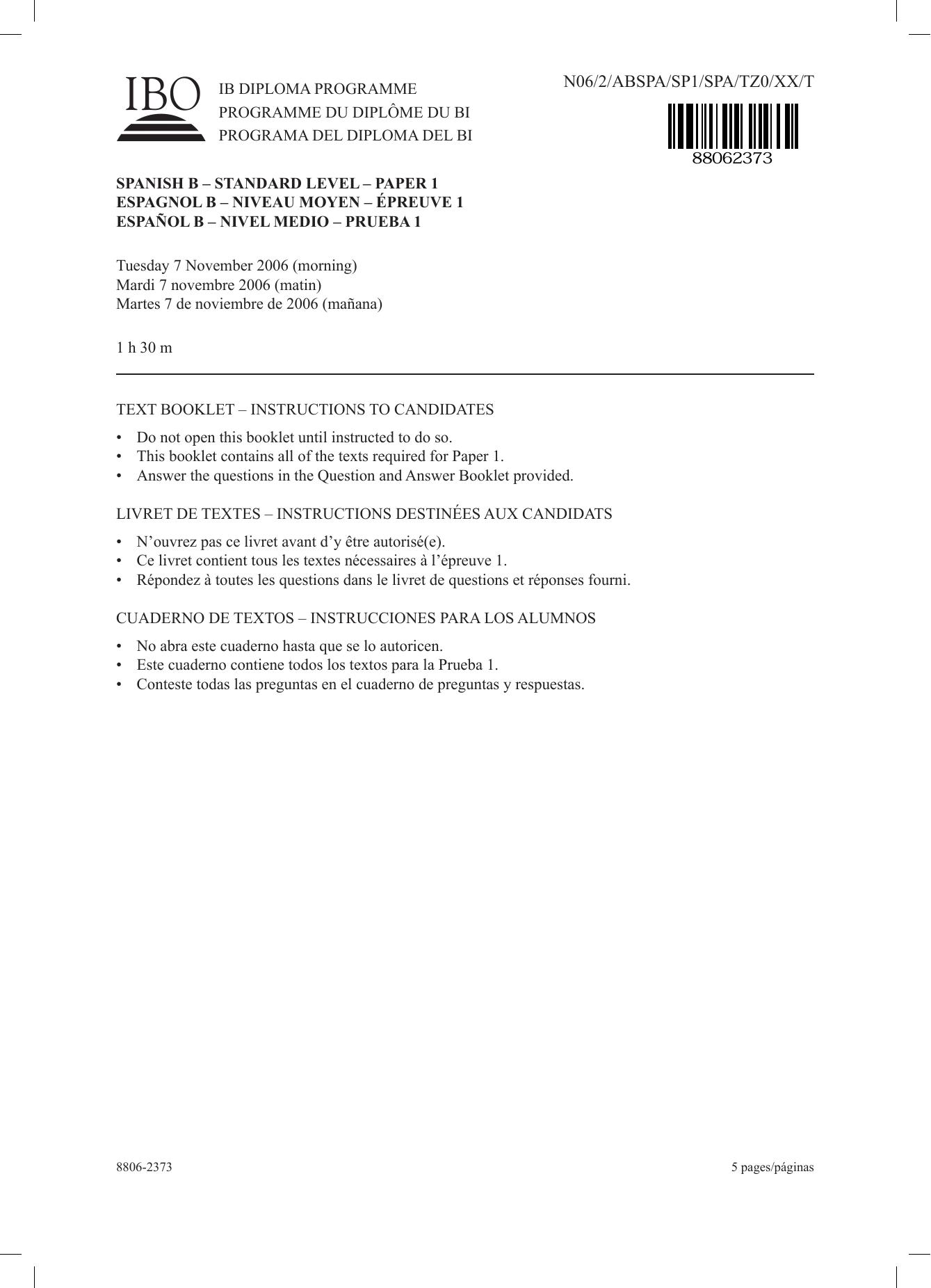 Spanish B SL paper 1 text booklet by unknow