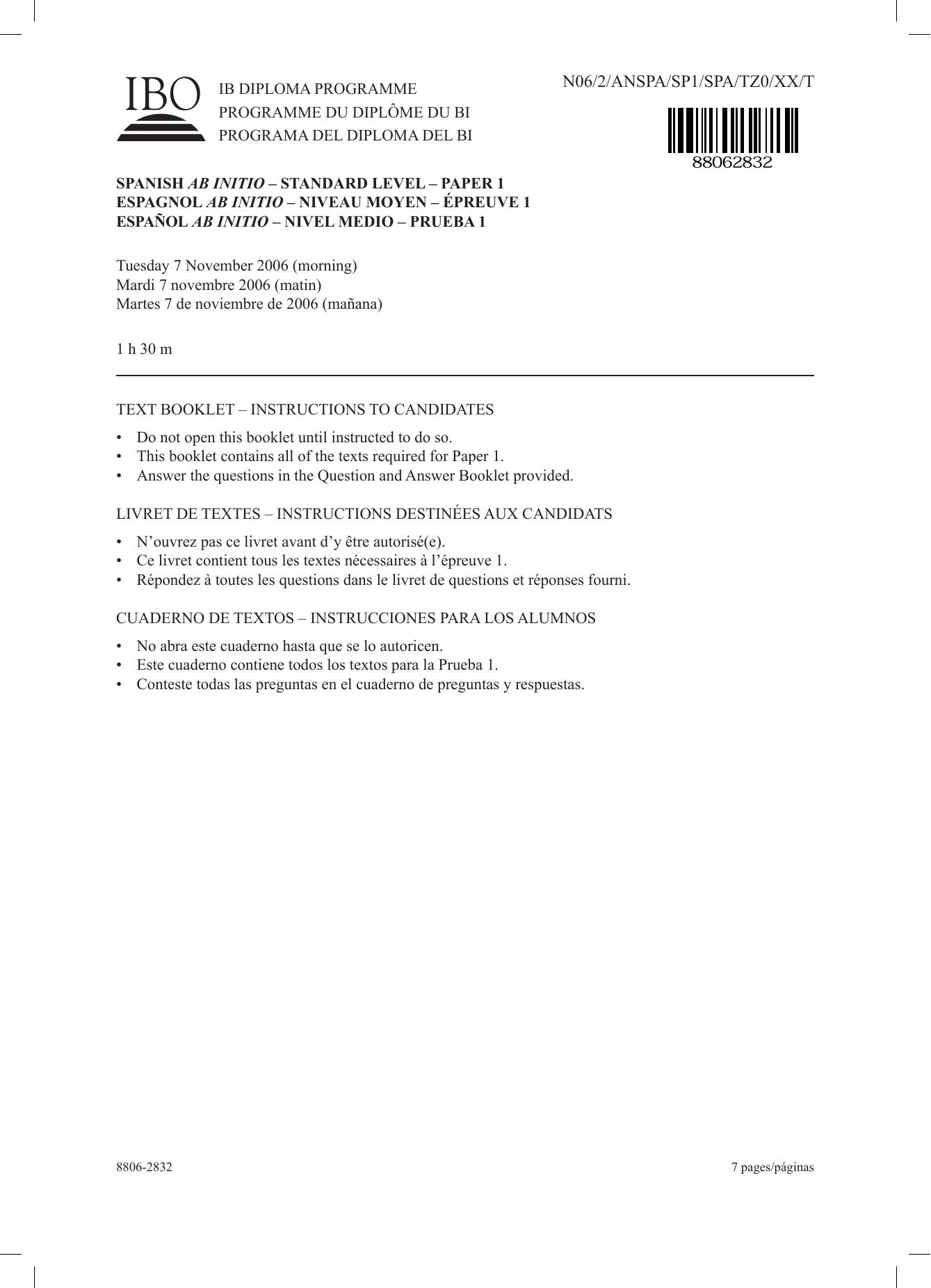 Spanish ab initio SL paper 1 text booklet by unknow