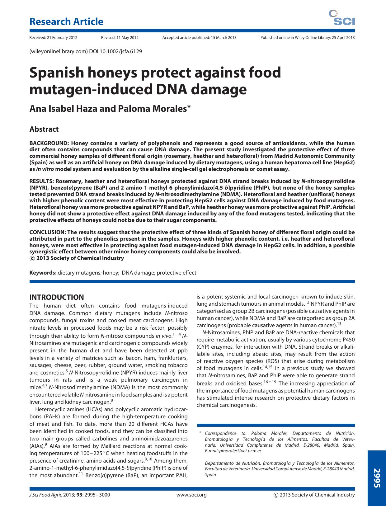 Spanish honeys protect against food mutageninduced DNA damage by Unknown