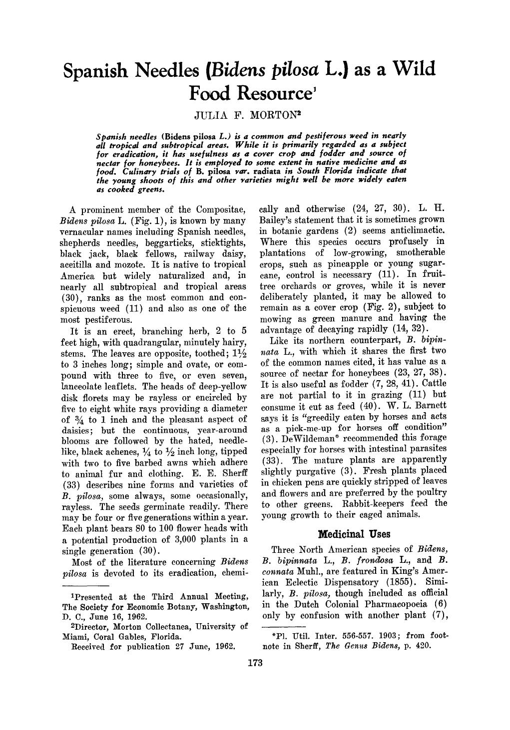 Spanish needles ( <Emphasis Type="Italic">Bidens pilosa <Emphasis> L.) as a wild food resource by Unknown