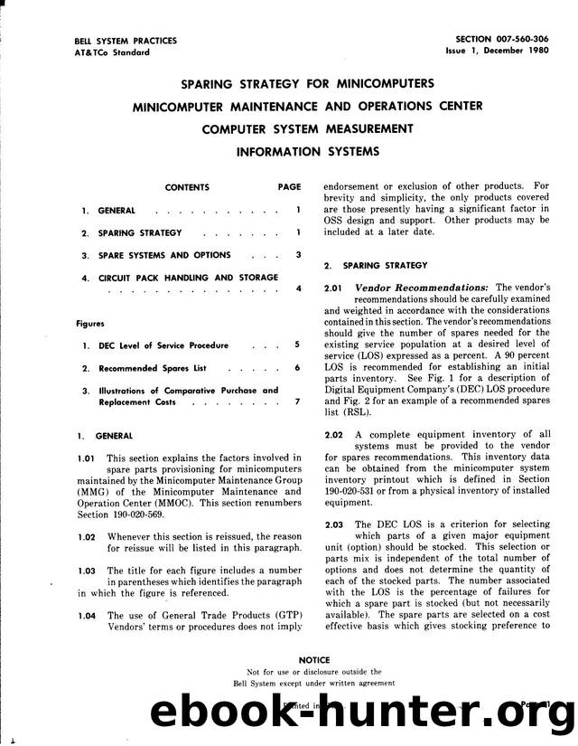 Sparing Strategy for Minicomputers Minicomputer Maintenance and Operations Center Computer System Measurement Information Systems by Bellcore |
