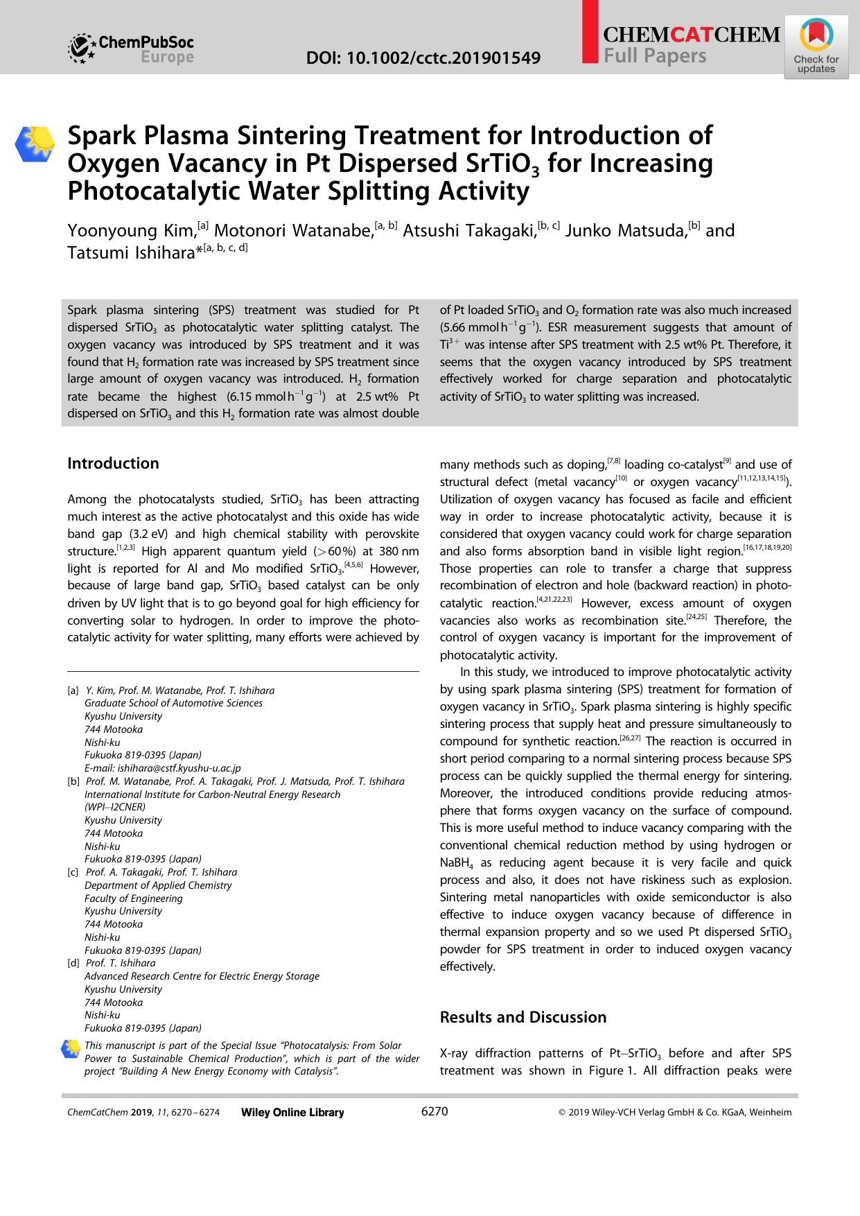 Spark Plasma Sintering Treatment for Introduction of Oxygen Vacancy in Pt Dispersed SrTiO3 for Increasing Photocatalytic Water Splitting Activity by Unknown