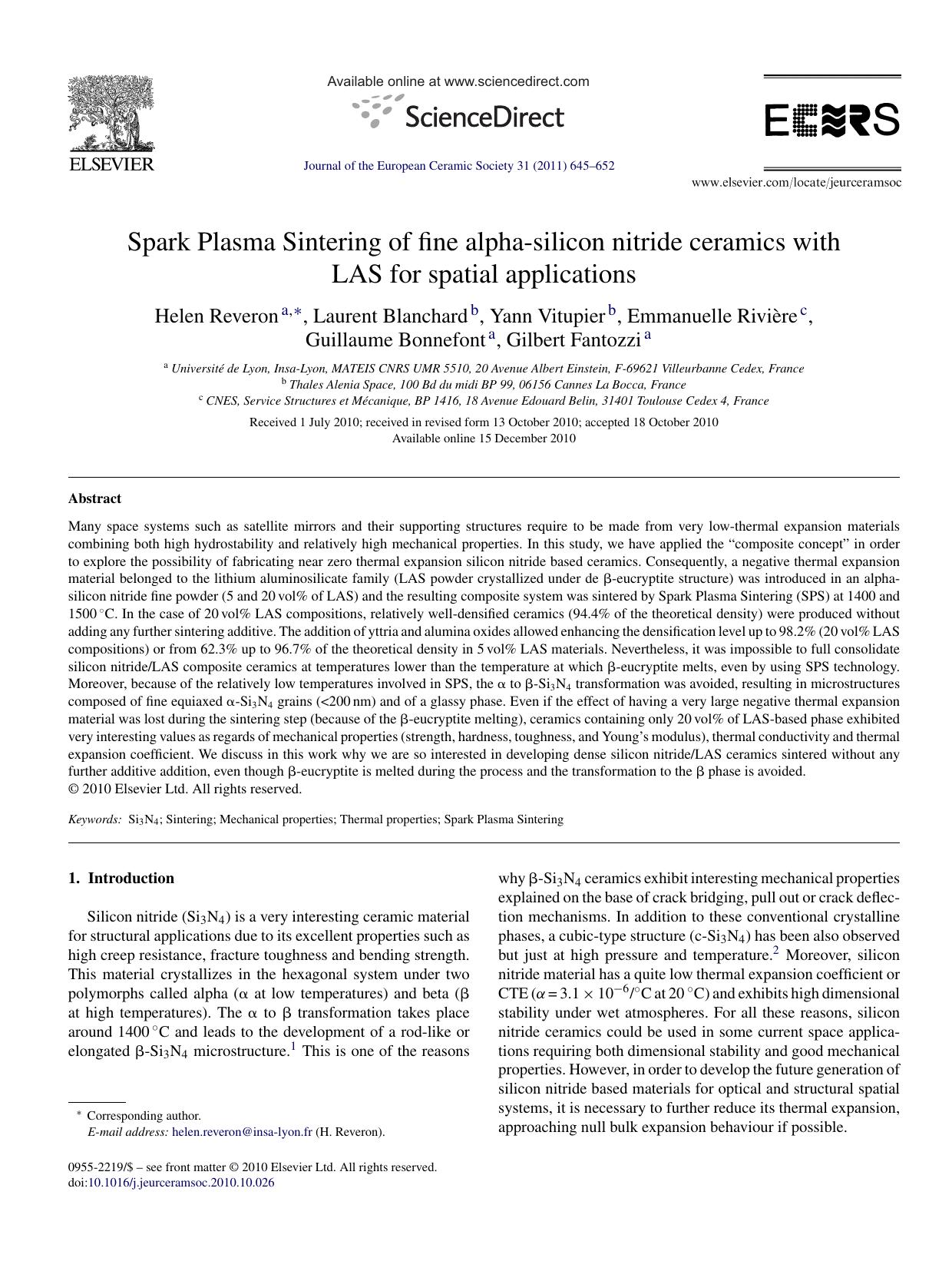 Spark Plasma Sintering of fine alpha-silicon nitride ceramics with LAS for spatial applications by Helen Reveron