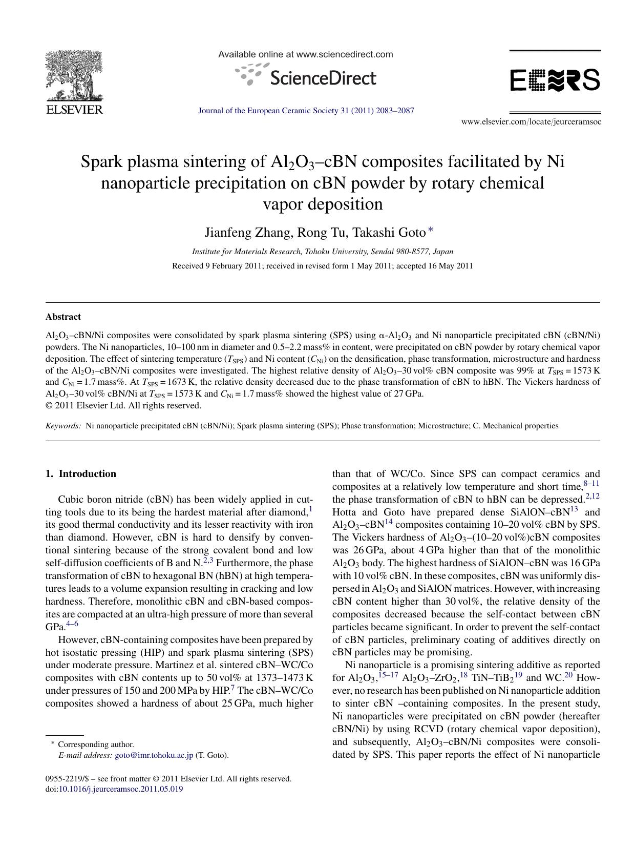 Spark plasma sintering of Al2O3Ã¢â¬âcBN composites facilitated by Ni nanoparticle precipitation on cBN powder by rotary chemical vapor deposition by Jianfeng Zhang