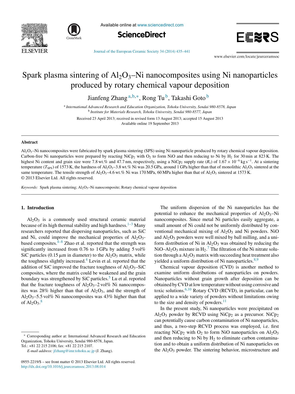 Spark plasma sintering of Al2O3âNi nanocomposites using Ni nanoparticles produced by rotary chemical vapour deposition by Jianfeng Zhang & Rong Tu & Takashi Goto