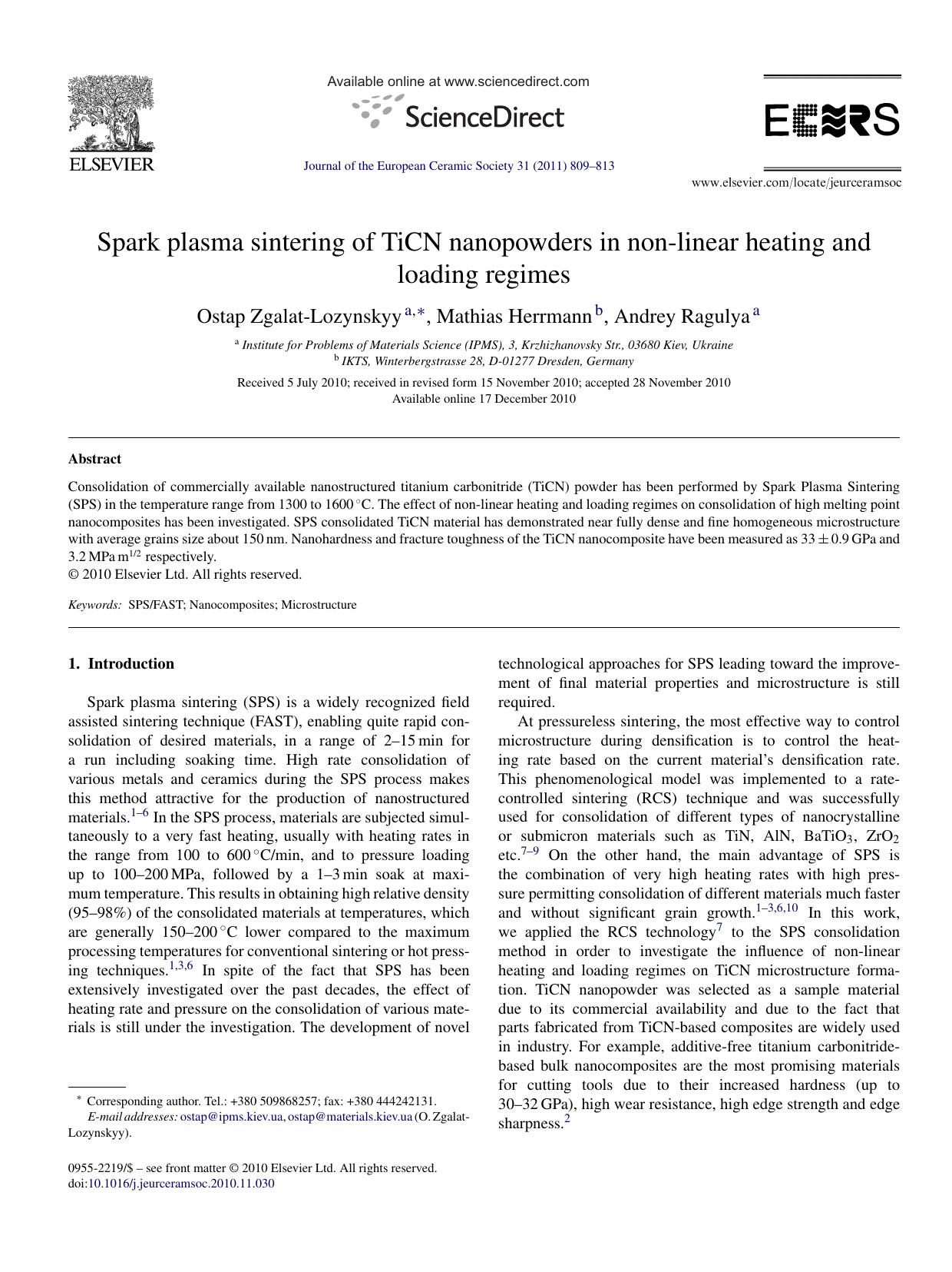 Spark plasma sintering of TiCN nanopowders in non-linear heating and loading regimes by Ostap Zgalat-Lozynskyy