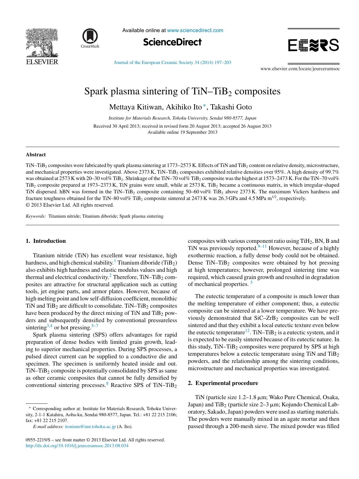 Spark plasma sintering of TiNâTiB2 composites by Mettaya Kitiwan & Akihiko Ito & Takashi Goto