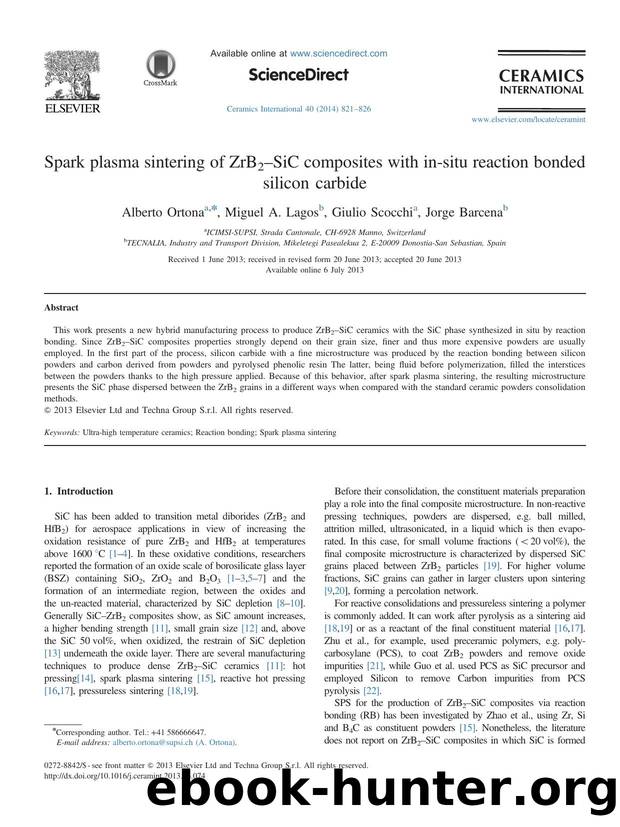 Spark plasma sintering of ZrB2âSiC composites with in-situ reaction bonded silicon carbide by Alberto Ortona & Miguel A. Lagos & Giulio Scocchi & Jorge Barcena