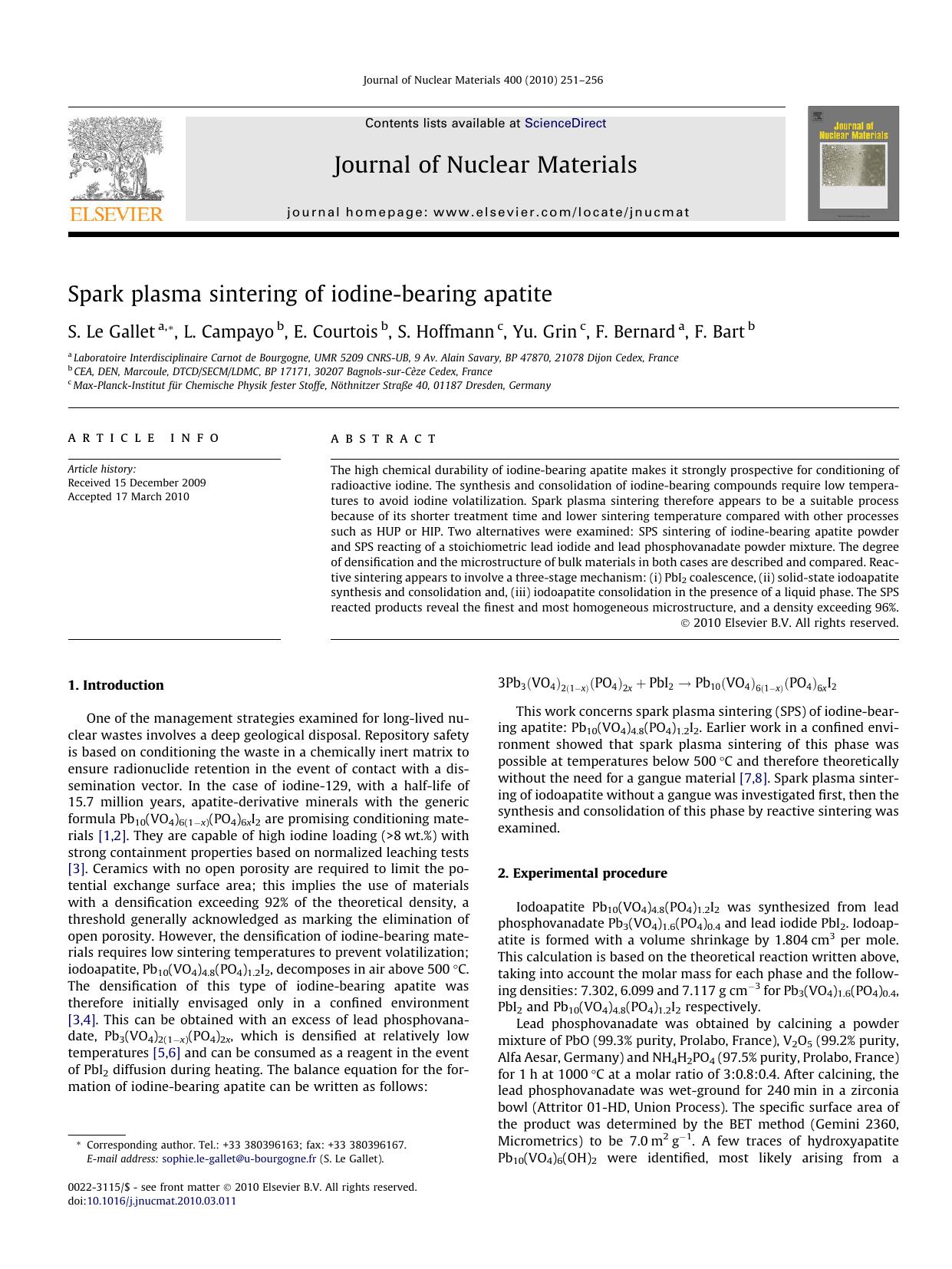 Spark plasma sintering of iodine-bearing apatite by S. Le Gallet; L. Campayo; E. Courtois; S. Hoffmann; Yu. Grin; F. Bernard; F. Bart