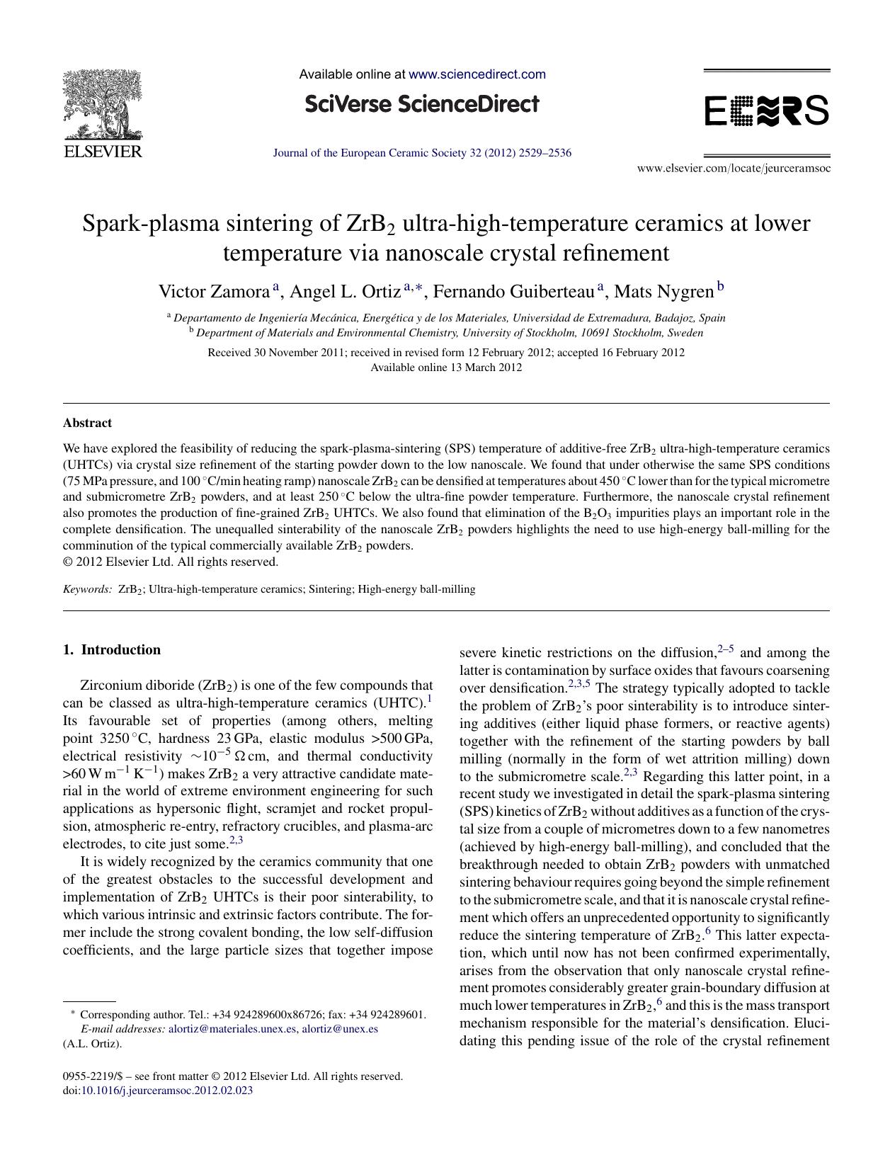 Spark-plasma sintering of ZrB2 ultra-high-temperature ceramics at lower temperature via nanoscale crystal refinement by Victor Zamora