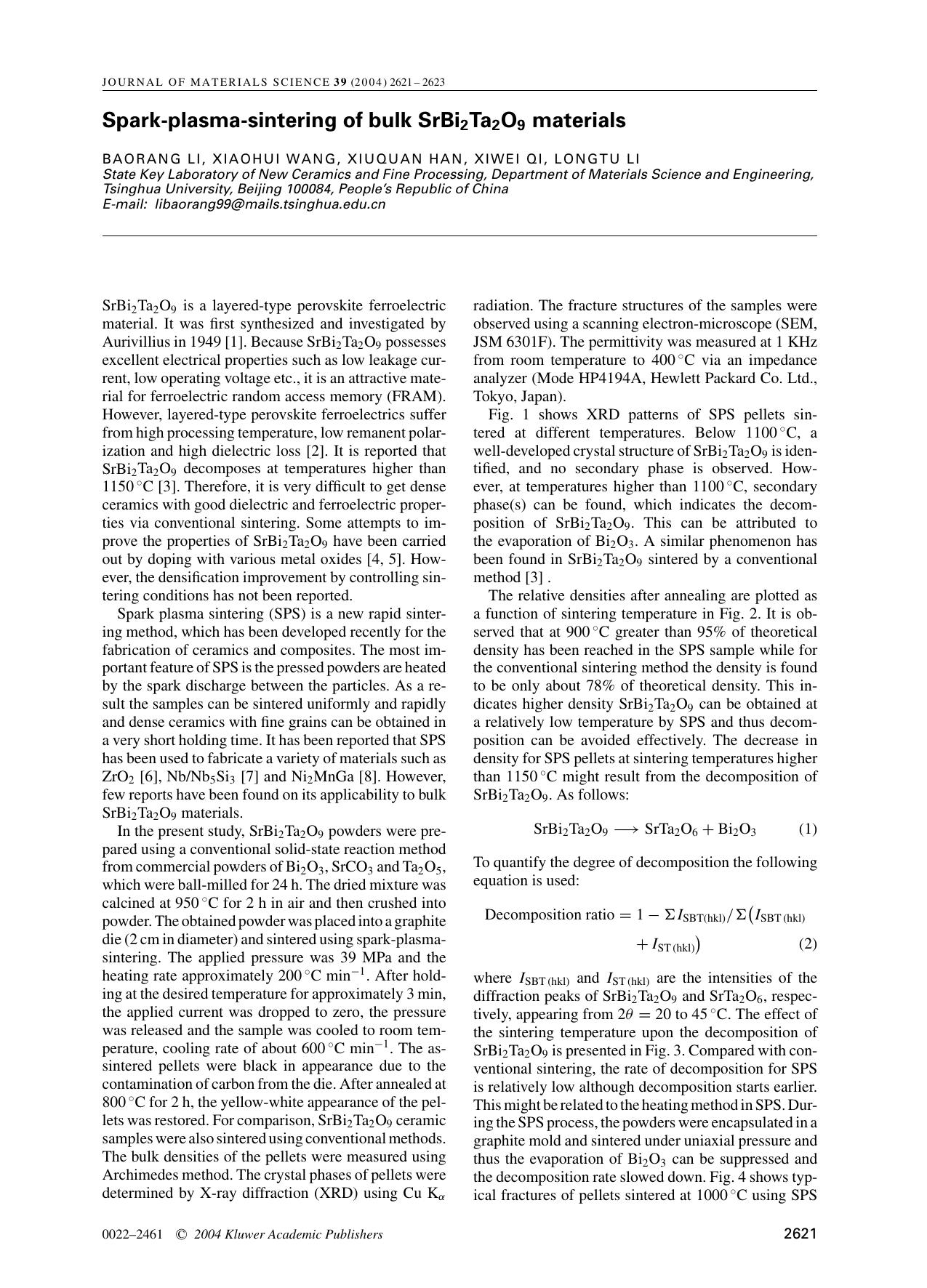 Spark-plasma-sintering of bulk SrBi<Subscript>2<Subscript>Ta<Subscript>2<Subscript>O<Subscript>9<Subscript> materials by Unknown
