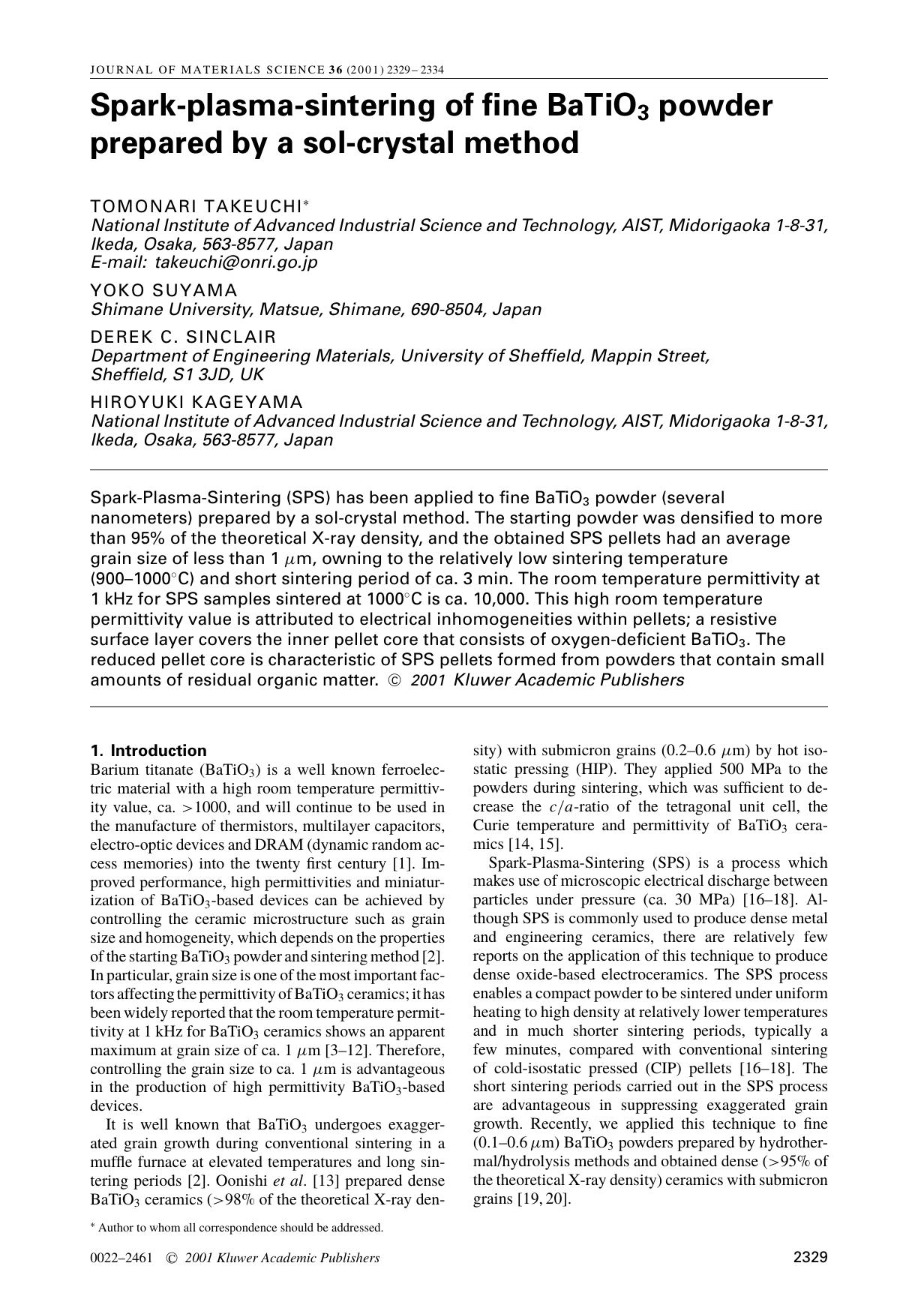 Spark-plasma-sintering of fine BaTiO3 powder prepared by a sol-crystal method by Unknown