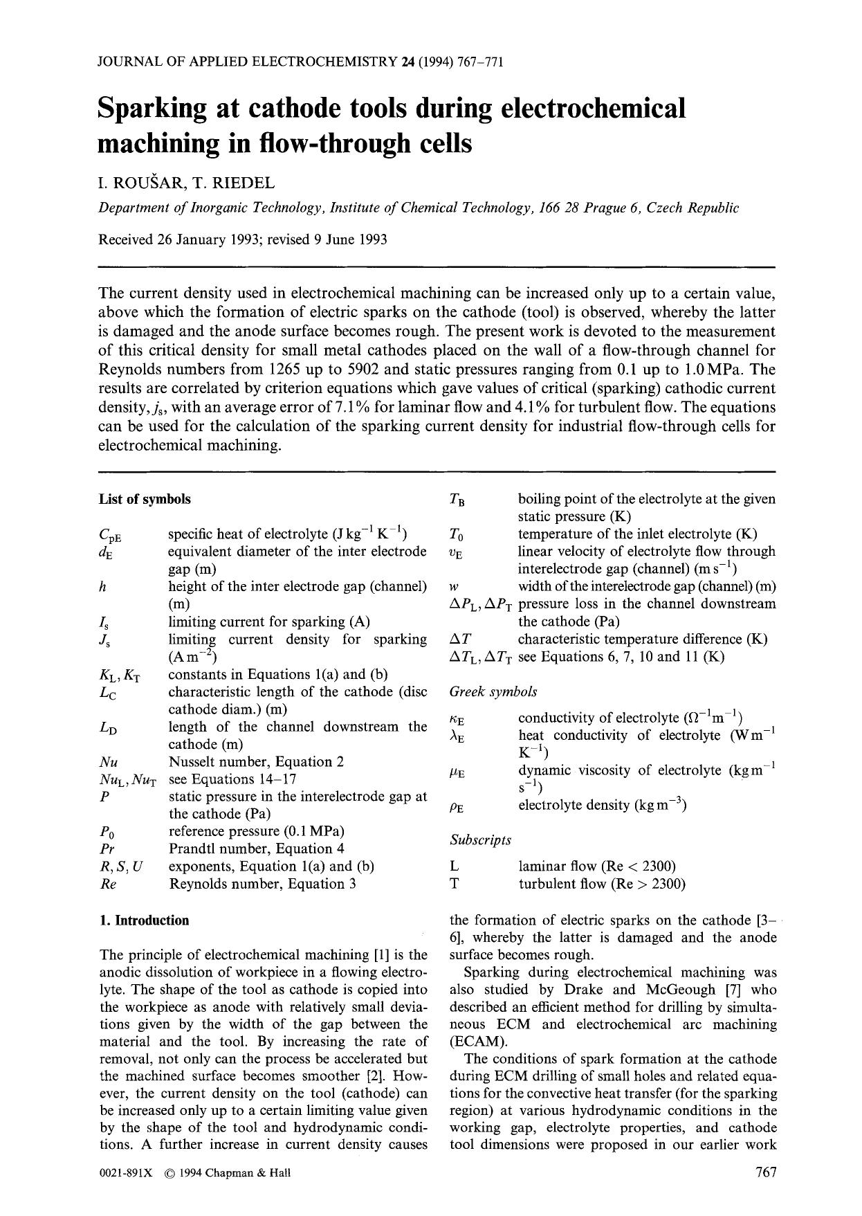 Sparking at cathode tools during electrochemical machining in flow-through cells by Unknown