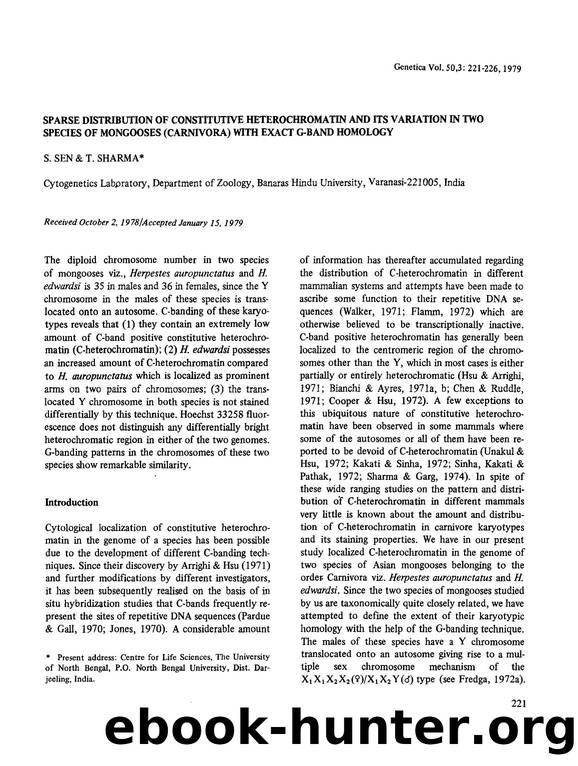 Sparse distribution of constitutive heterochromatin and its variation in two species of mongooses (Carnivora) with exact G-band homology by Unknown