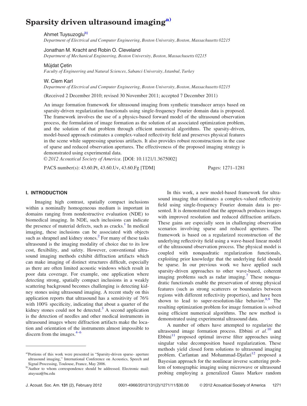 Sparsity driven ultrasound imaging by Ahmet Tuysuzoglu Jonathan M. Kracht Robin O. Cleveland Mu¨ jdat C˛ etin and W. Clem Karl