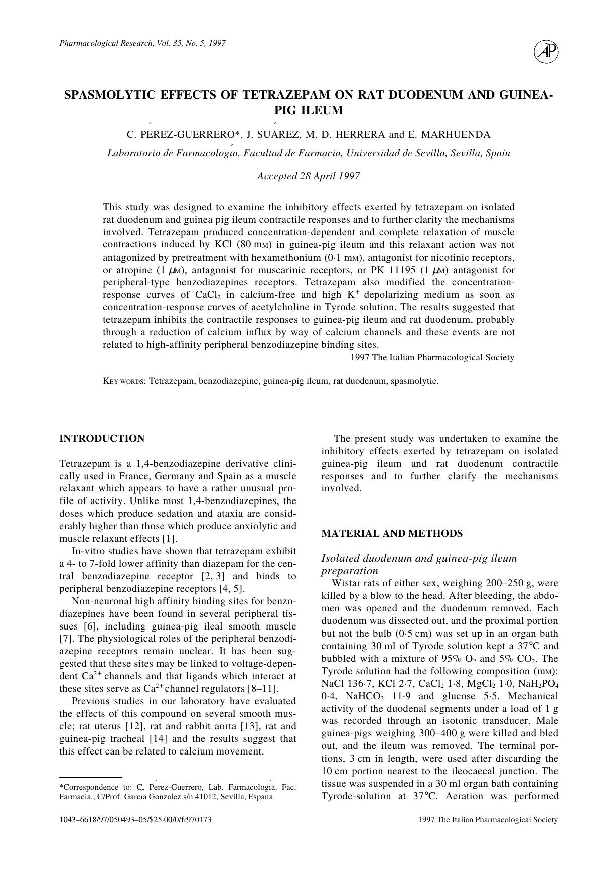 Spasmolytic Effects of Tetrazepam on Rat Duodenum and Guinea-Pig Ileum by Perez-Guerrero C. et al