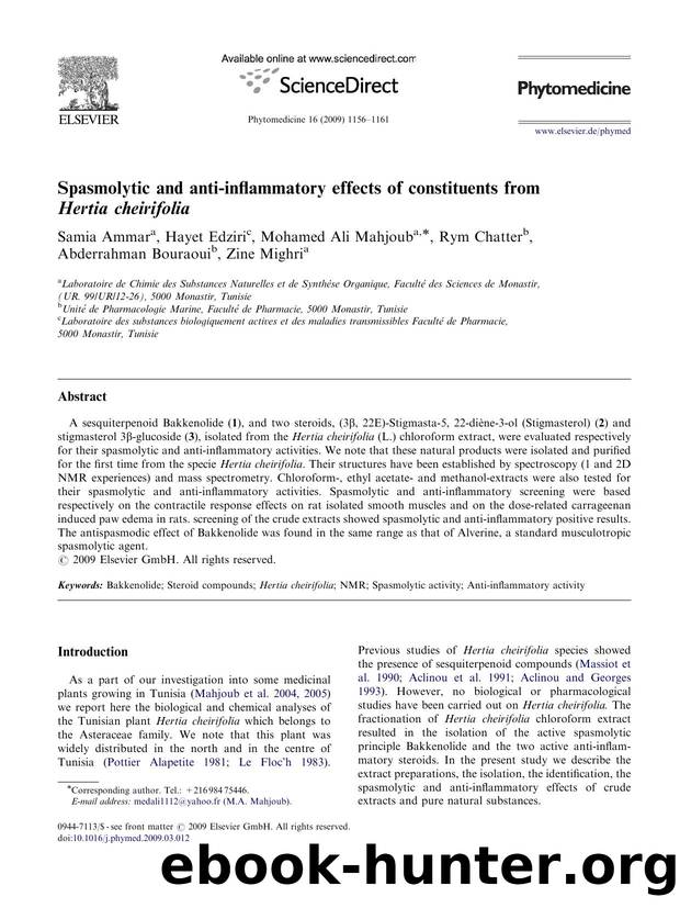 Spasmolytic and anti-inflammatory effects of constituents from Hertia cheirifolia by Samia Ammar; Hayet Edziri; Mohamed Ali Mahjoub; Rym Chatter; Abderrahman Bouraoui; Zine Mighri