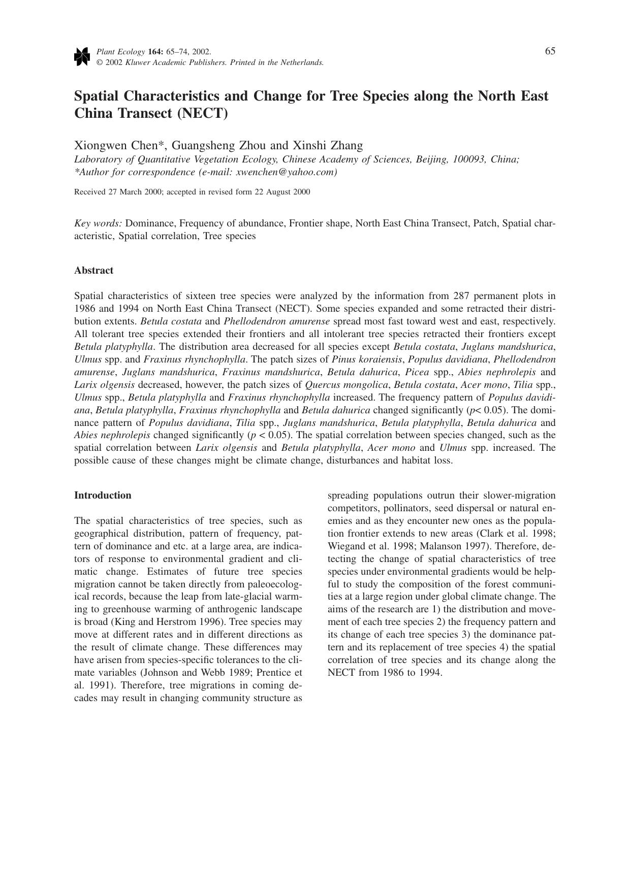 Spatial Characteristics and Change for Tree Species along the North East China Transect (NECT) by Unknown