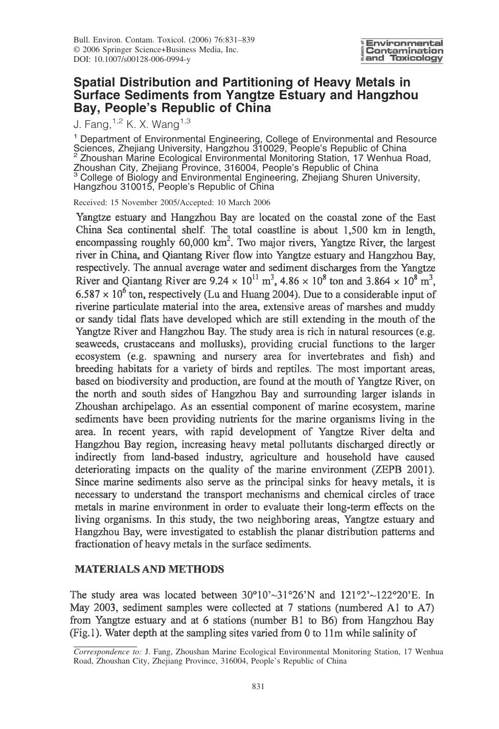 Spatial Distribution and Partitioning of Heavy Metals in Surface Sediments from Yangtze Estuary and Hangzhou Bay, Peopleâs Republic of China by Fang J. et al