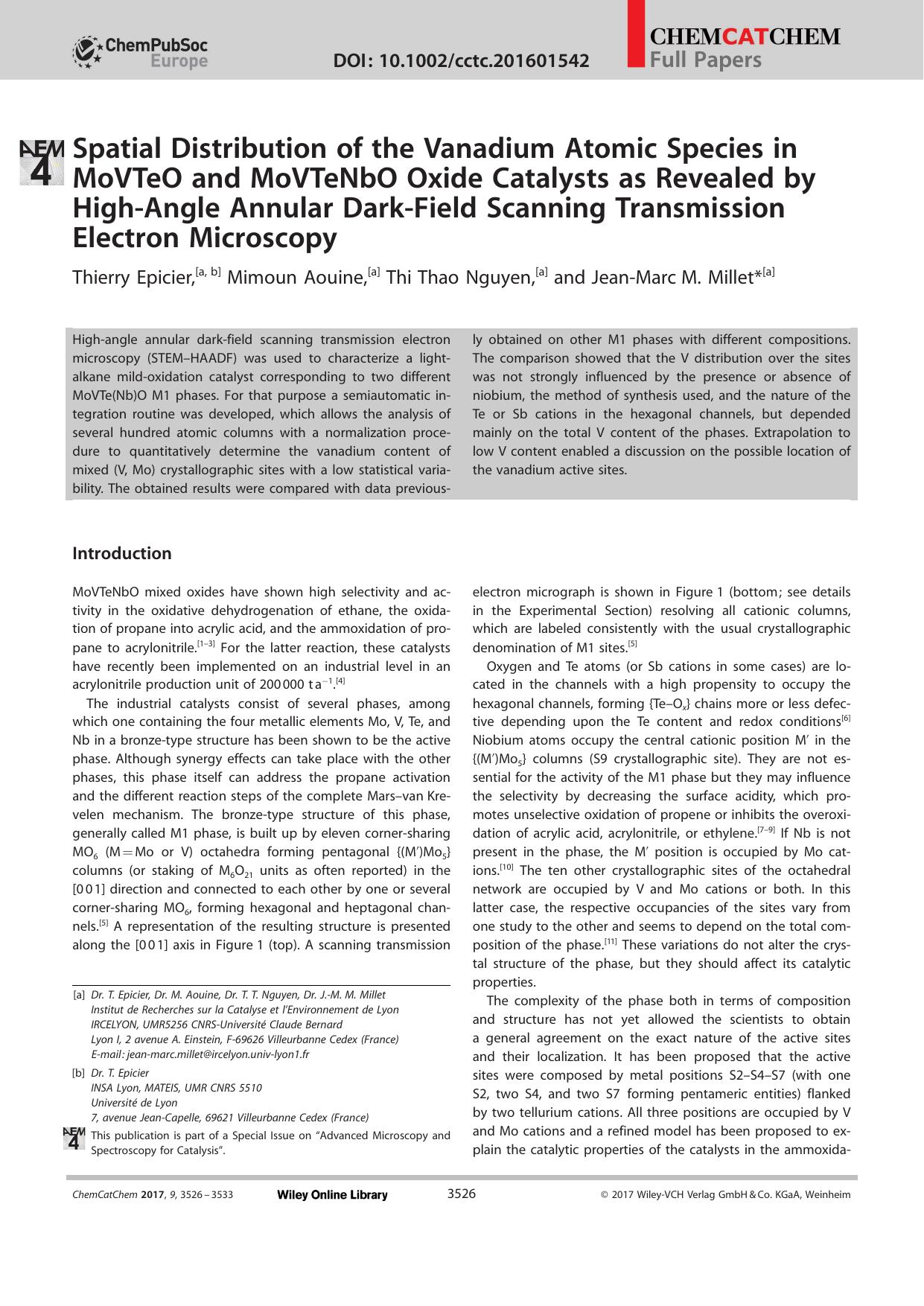 Spatial Distribution of the Vanadium Atomic Species in MoVTeO and MoVTeNbO Oxide Catalysts as Revealed by HighâAngle Annular DarkâField Scanning Transmission Electron Microscopy by Unknown