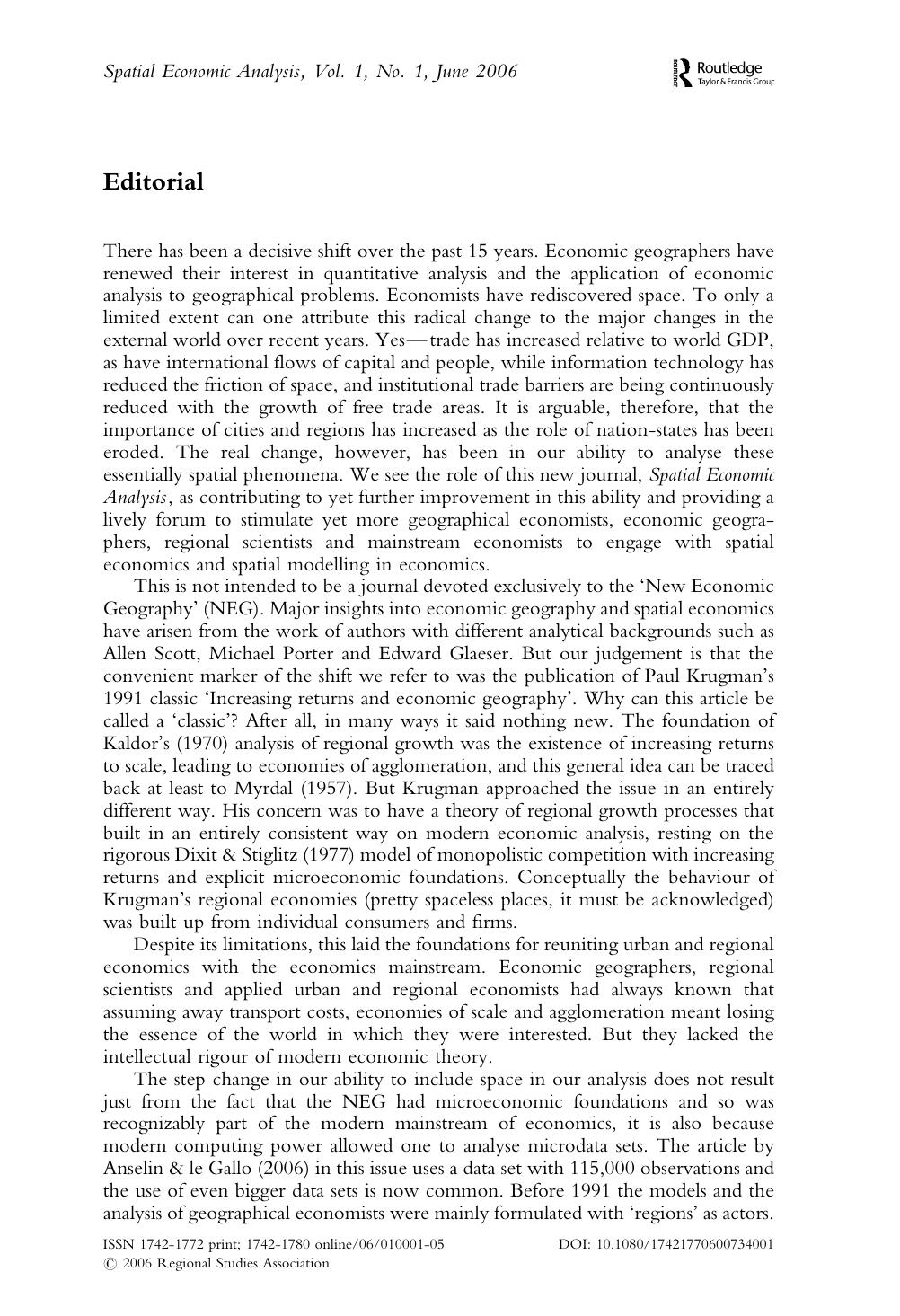 Spatial Economic Analysis - Volume 1, Issue 1 by Routledge