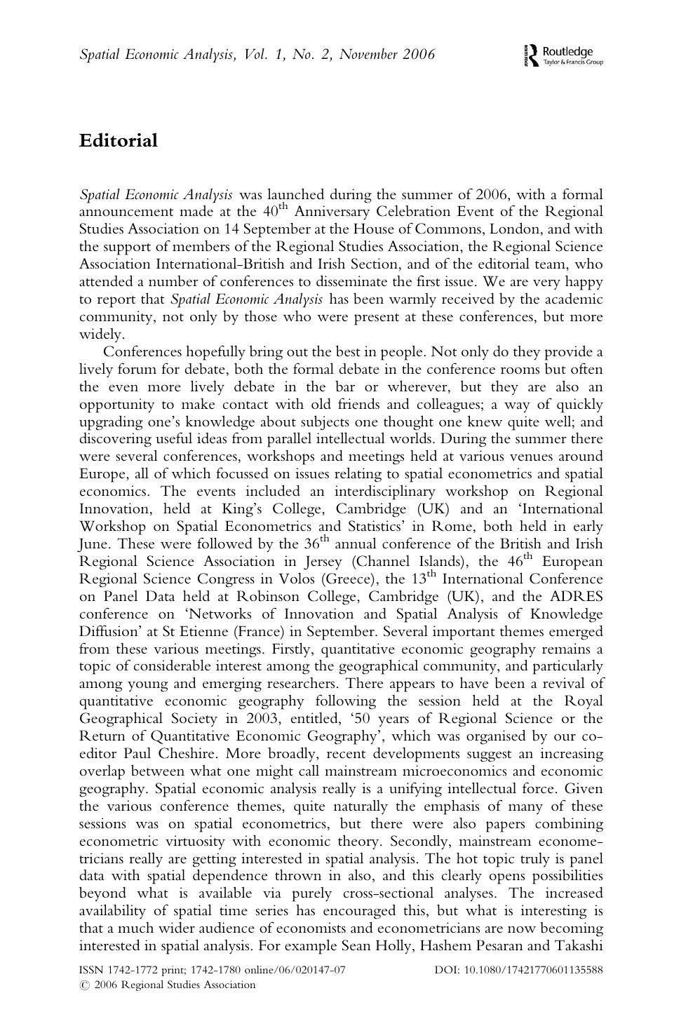 Spatial Economic Analysis - Volume 1, Issue 2 by Routledge