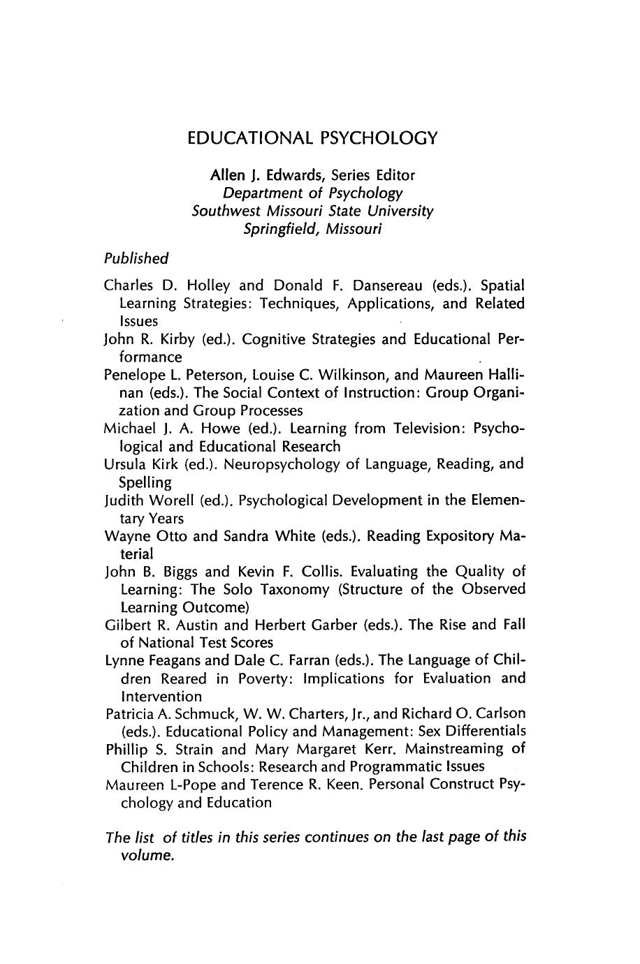 Spatial Learning Strategies. Techniques, Applications, and Related Issues by Charles D. Holley Donald F. Dansereau