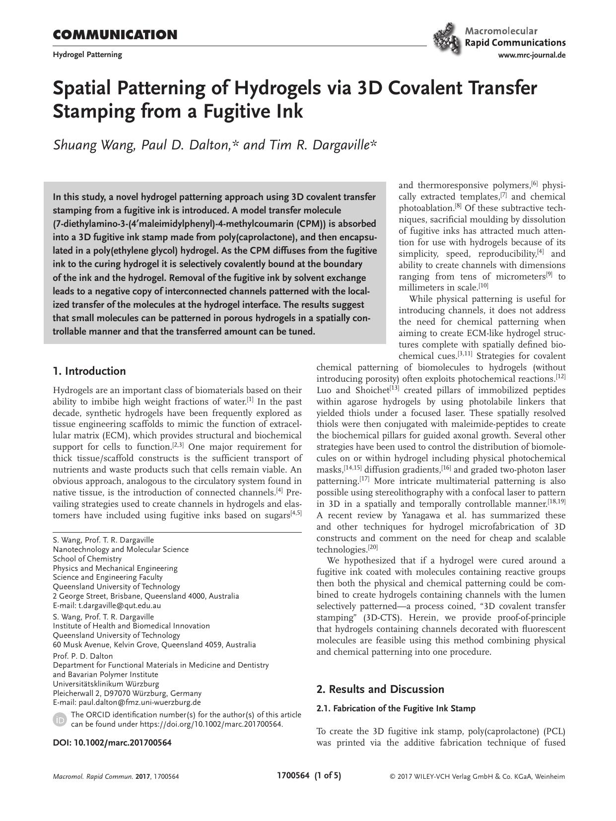 Spatial Patterning of Hydrogels via 3D Covalent Transfer Stamping from a Fugitive Ink by Unknown
