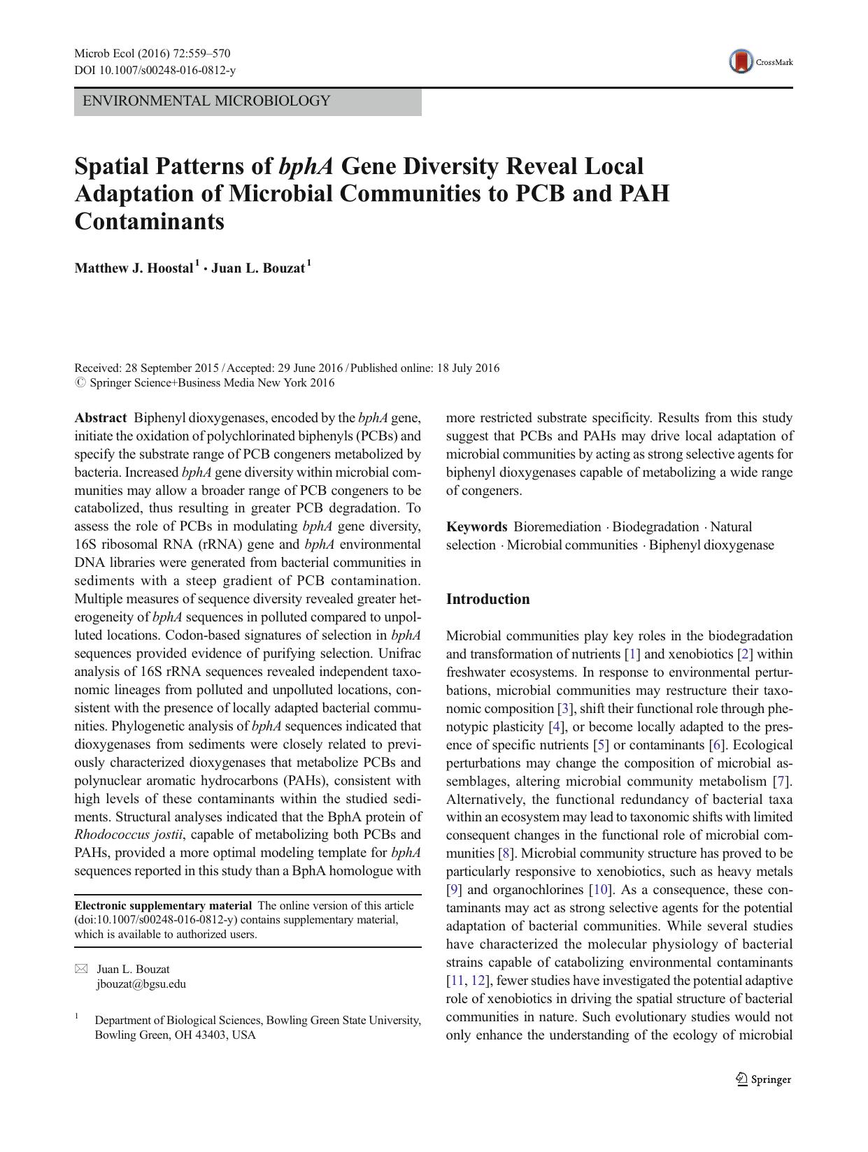 Spatial Patterns of bphA Gene Diversity Reveal Local Adaptation of Microbial Communities to PCB and PAH Contaminants by Matthew J. Hoostal & Juan L. Bouzat