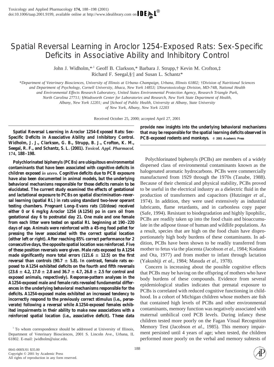 Spatial Reversal Learning in Aroclor 1254-Exposed Rats: Sex-Specific Deficits in Associative Ability and Inhibitory Control by Widholm J. J. et al