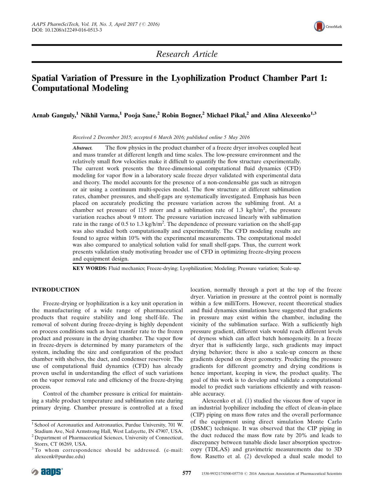 Spatial Variation of Pressure in the Lyophilization Product Chamber Part 1: Computational Modeling by Arnab Ganguly & Nikhil Varma & Pooja Sane & Robin Bogner & Michael Pikal & Alina Alexeenko