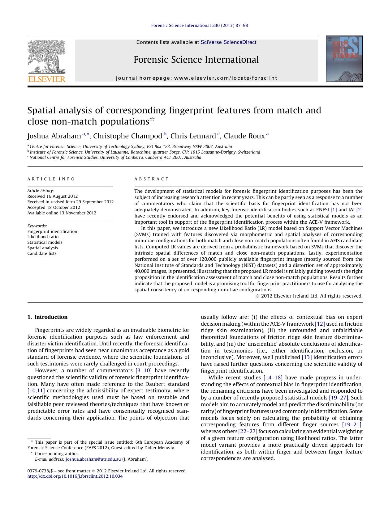Spatial analysis of corresponding fingerprint features from match and close non-match populations by Joshua Abraham & Christophe Champod & Chris Lennard & Claude Roux