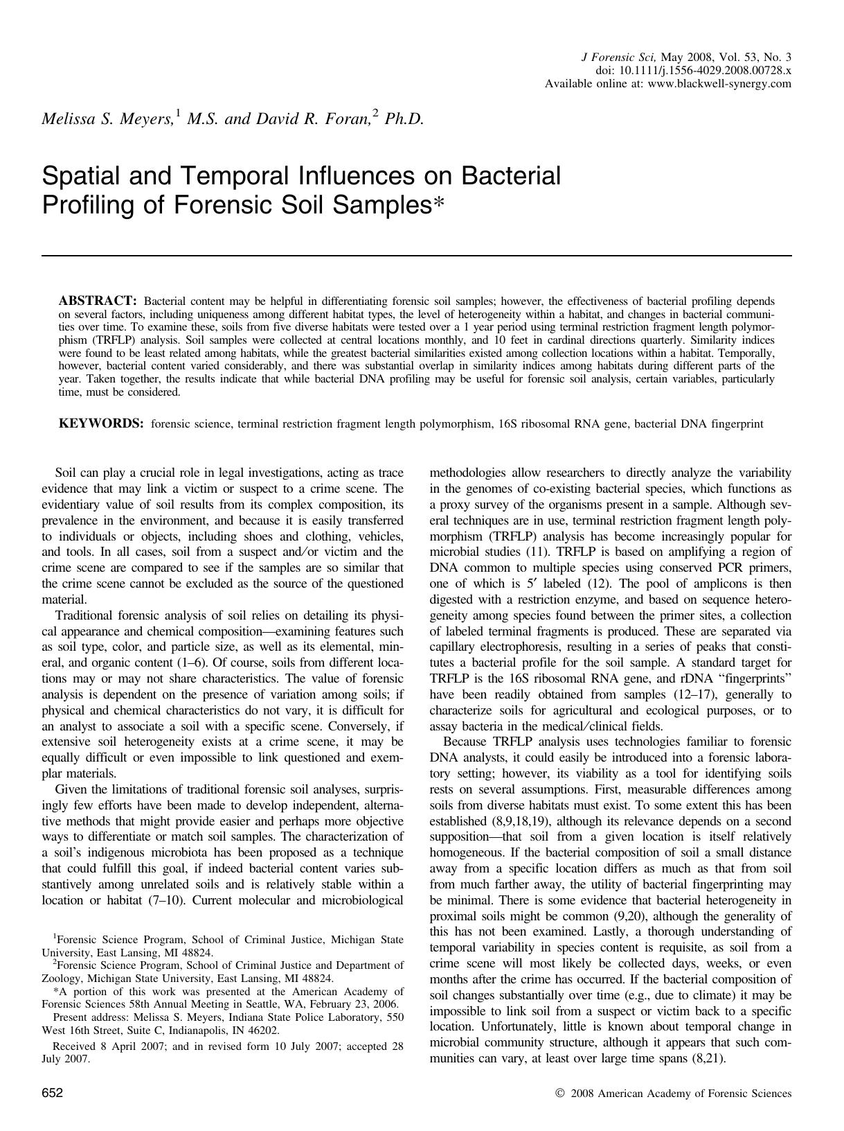 Spatial and Temporal Influences on Bacterial Profiling of Forensic Soil Samples* by Unknown