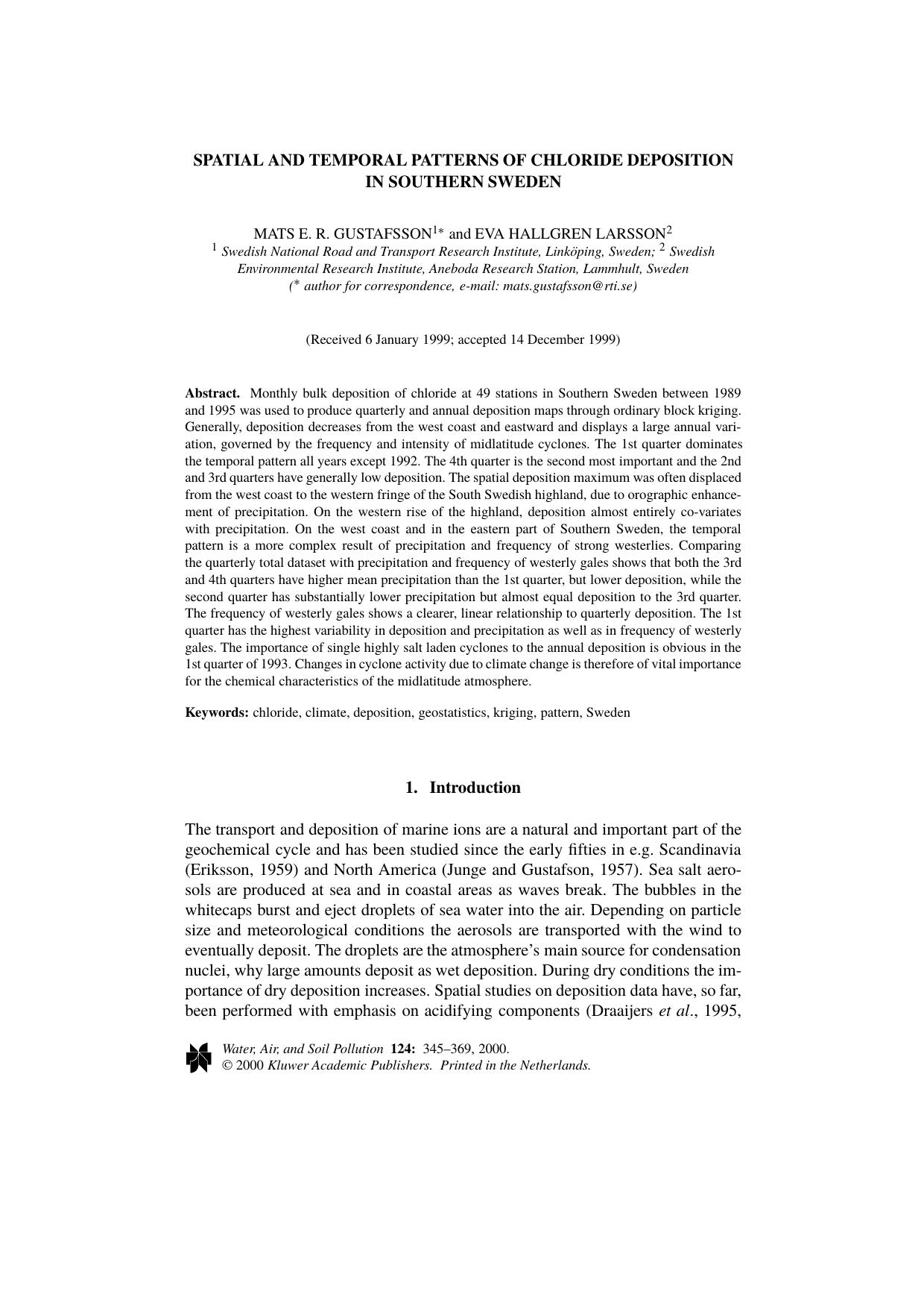 Spatial and Temporal Patterns of Chloride Deposition in Southern Sweden by Unknown