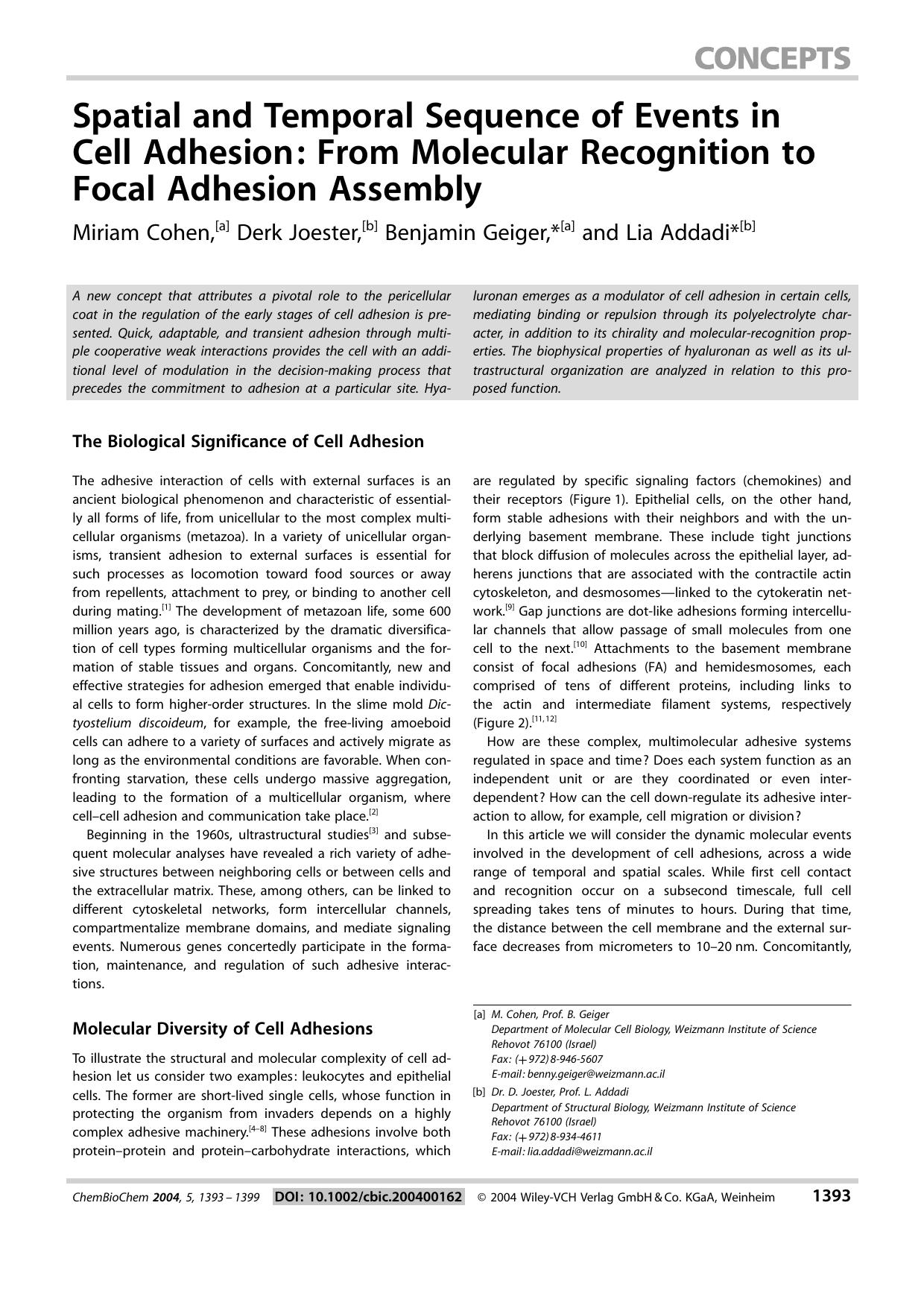 Spatial and Temporal Sequence of Events in Cell Adhesion: From Molecular Recognition to Focal Adhesion Assembly by Unknown
