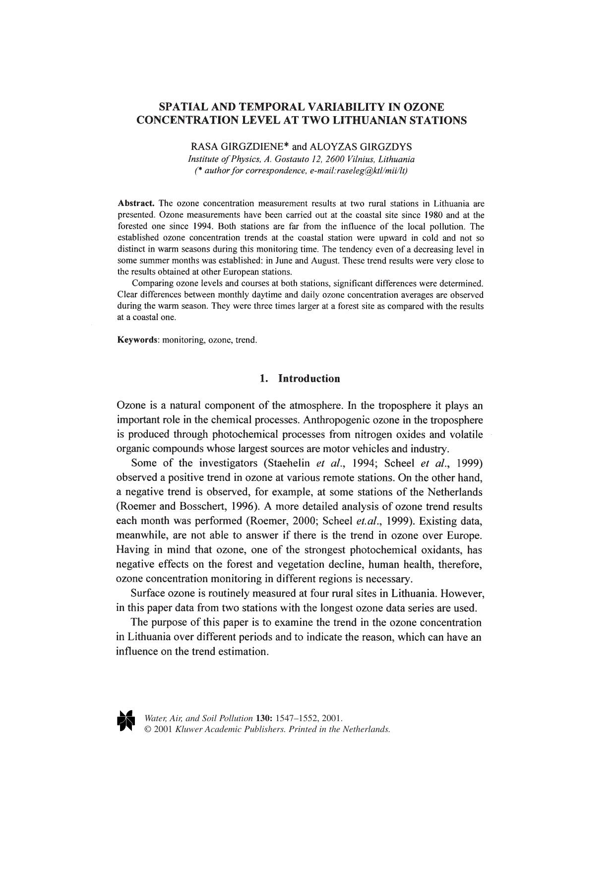 Spatial and Temporal Variability in Ozone Concentration Level at Two Lithuanian Stations by Unknown