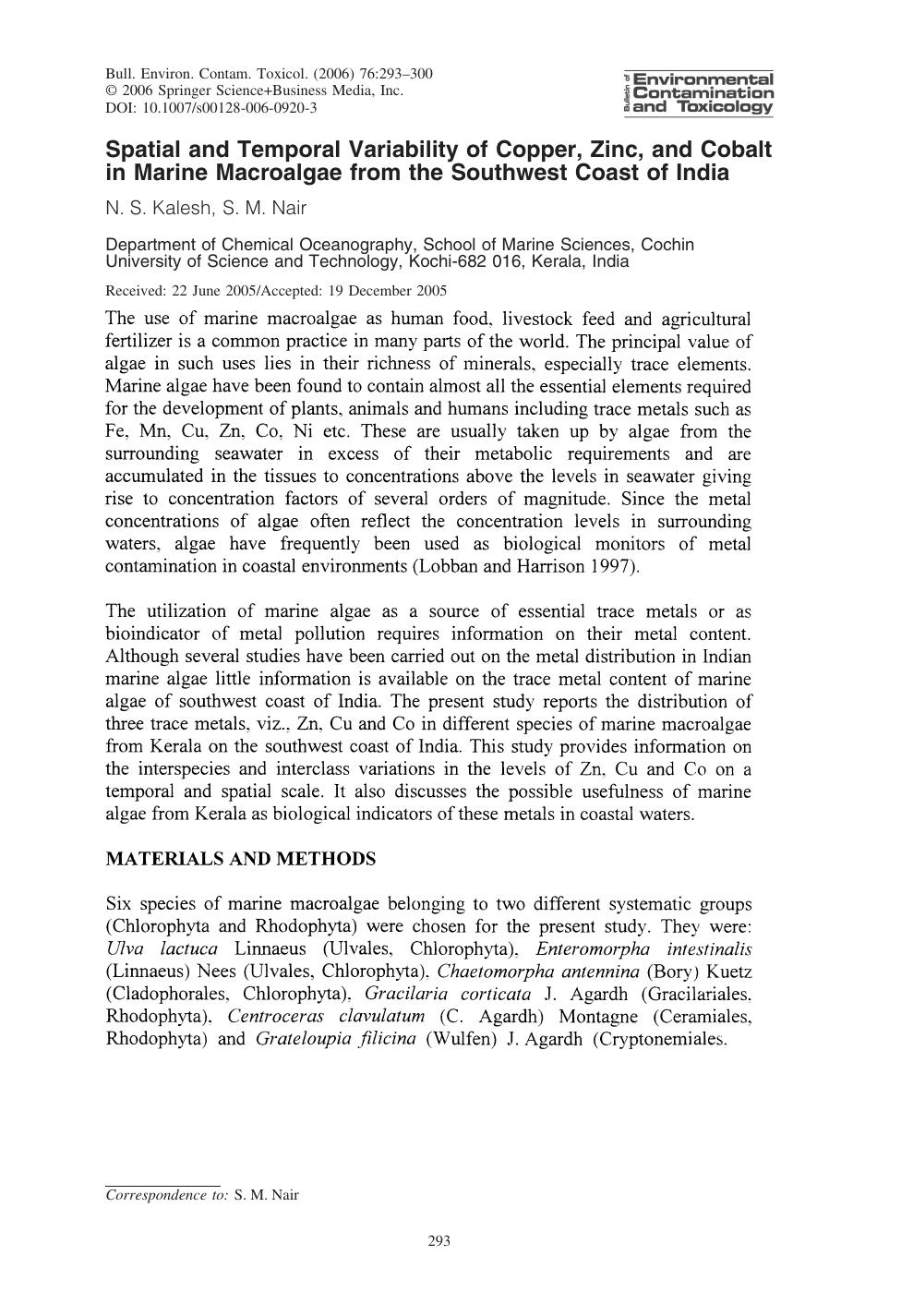Spatial and Temporal Variability of Copper, Zinc, and Cobalt in Marine Macroalgae from the Southwest Coast of India by Kalesh & N.S. et al