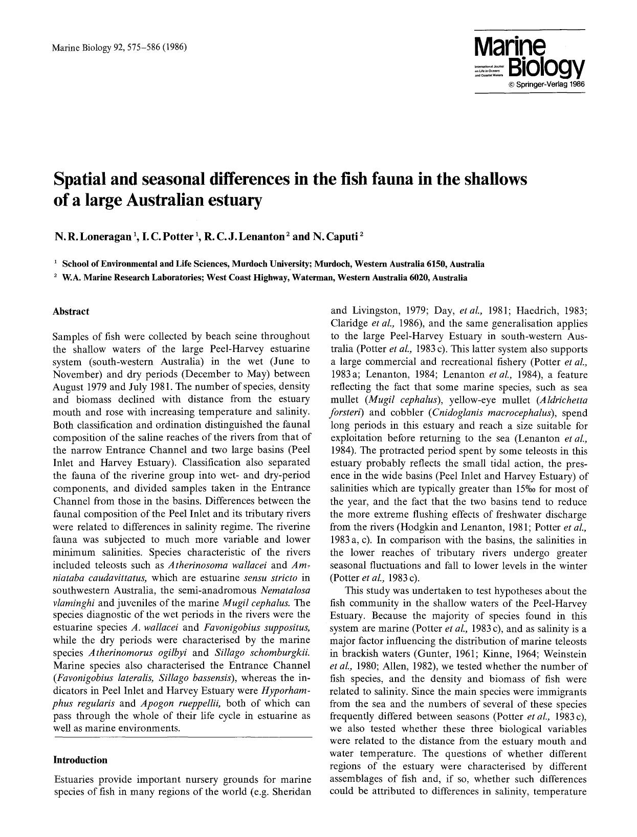 Spatial and seasonal differences in the fish fauna in the shallows of a large Australian estuary by Unknown