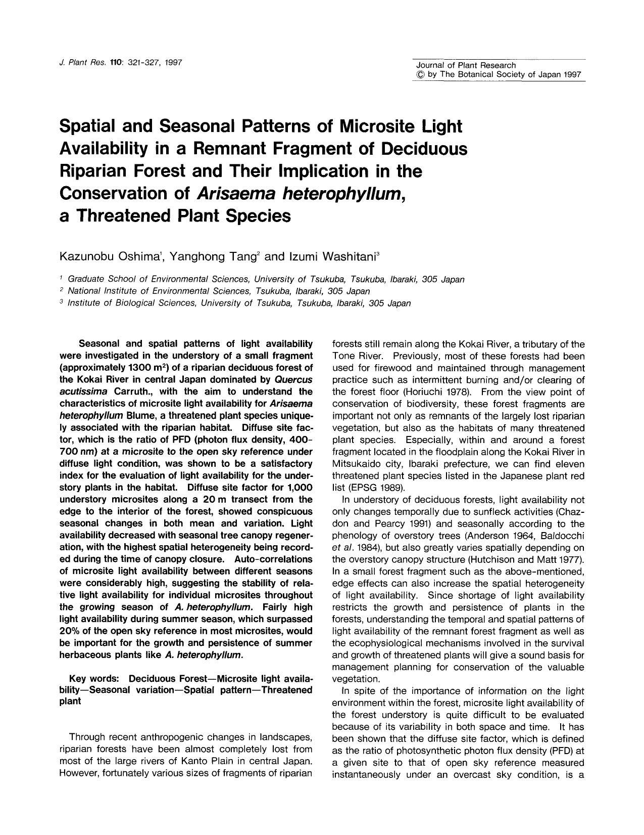 Spatial and seasonal patterns of microsite light availability in a remnant fragment of deciduous riparian forest and their implication in the conservation of <Emphasis Type="Italic by Unknown