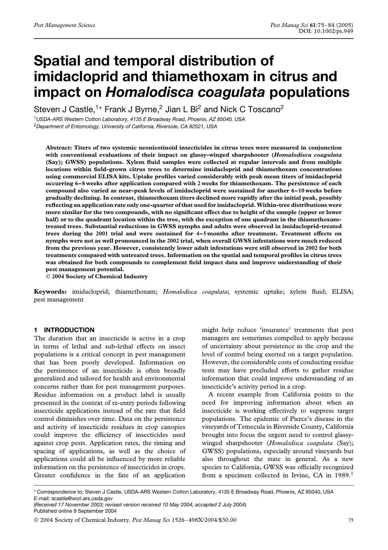 Spatial and temporal distribution of imidacloprid and thiamethoxam in citrus and impact on Homalodisca coagulata populations by Unknown