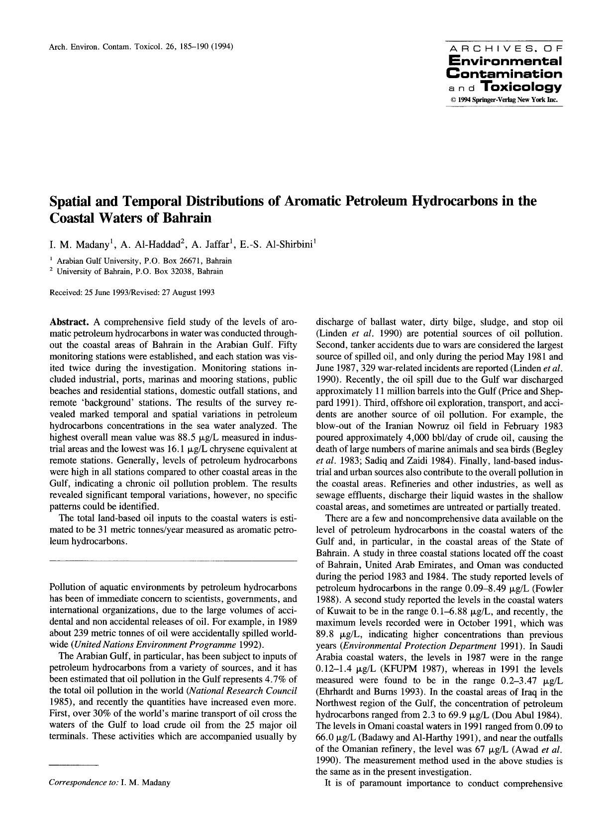 Spatial and temporal distributions of aromatic petroleum hydrocarbons in the coastal waters of Bahrain by Unknown