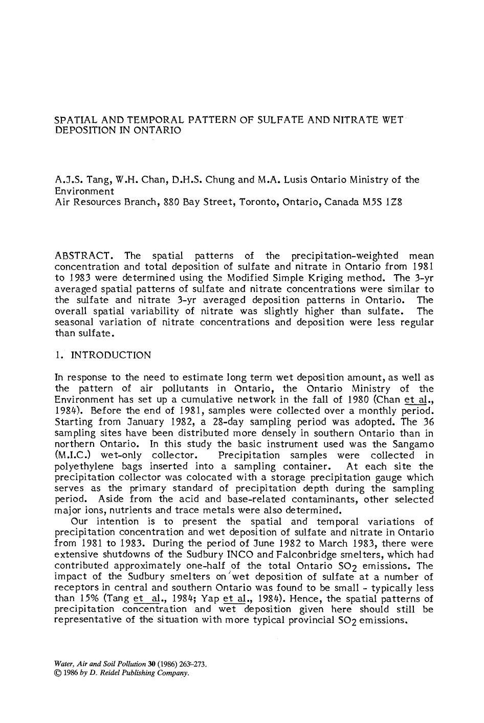 Spatial and temporal pattern of sulfate and nitrate wet deposition in Ontario by Unknown