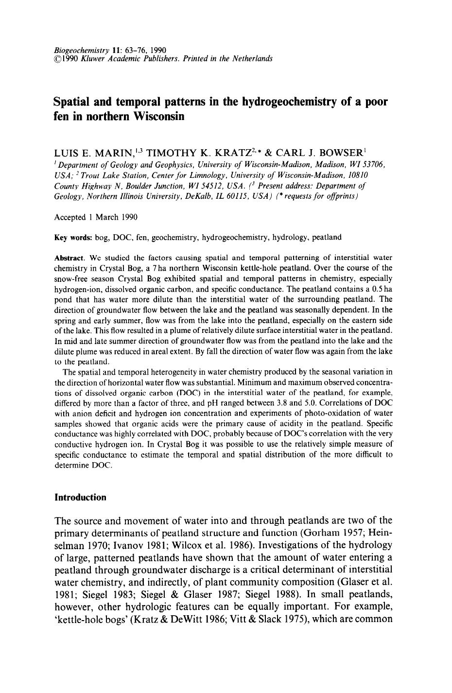 Spatial and temporal patterns in the hydrogeochemistry of a poor fen in northern Wisconsin by Unknown