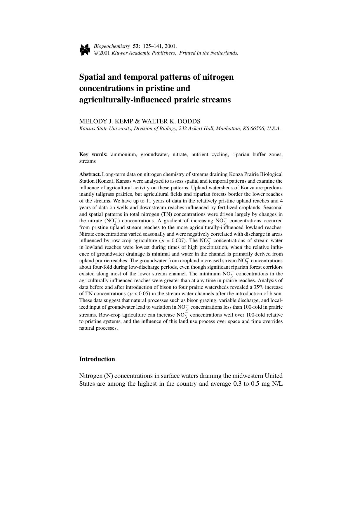 Spatial and temporal patterns of nitrogen concentrations in pristine and agriculturally-influenced prairie streams by Unknown