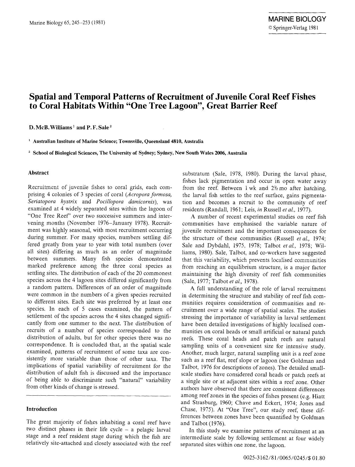 Spatial and temporal patterns of recuruitment of juvenile coral reef fishes to coral habitats within “One Tree Lagoon”, great barrier reef by Unknown