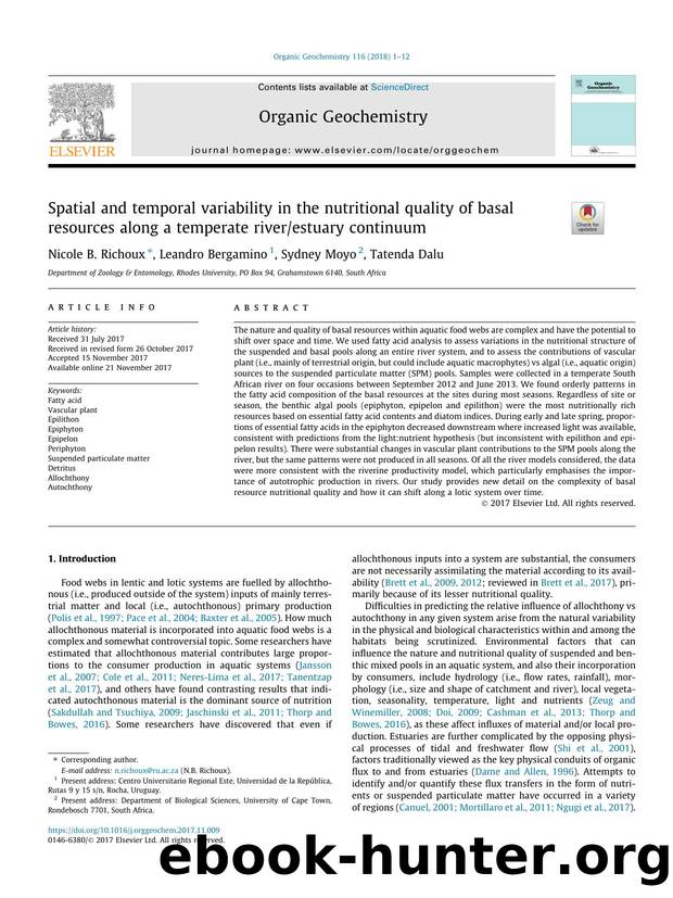 Spatial and temporal variability in the nutritional quality of basal resources along a temperate riverestuary continuum by Nicole B. Richoux & Leandro Bergamino & Sydney Moyo & Tatenda Dalu